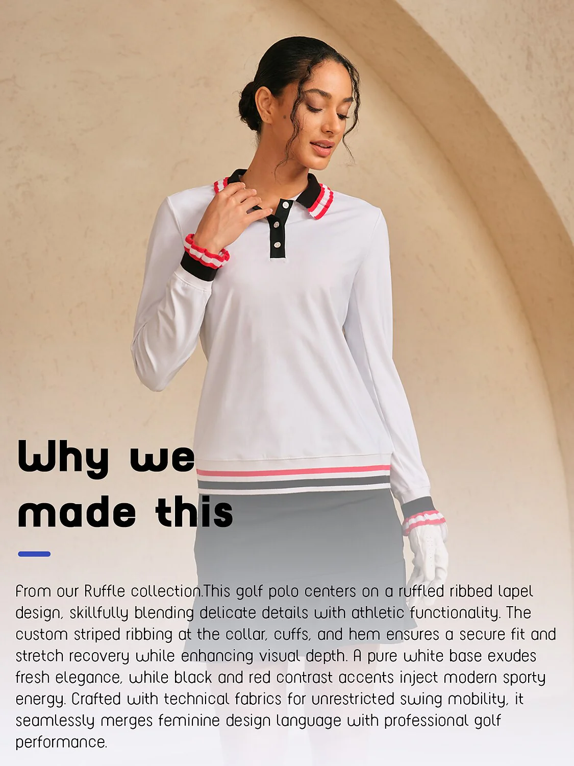 Navycore Ruffle Ribbed Lapel Golf Polo Shirt UPF50+