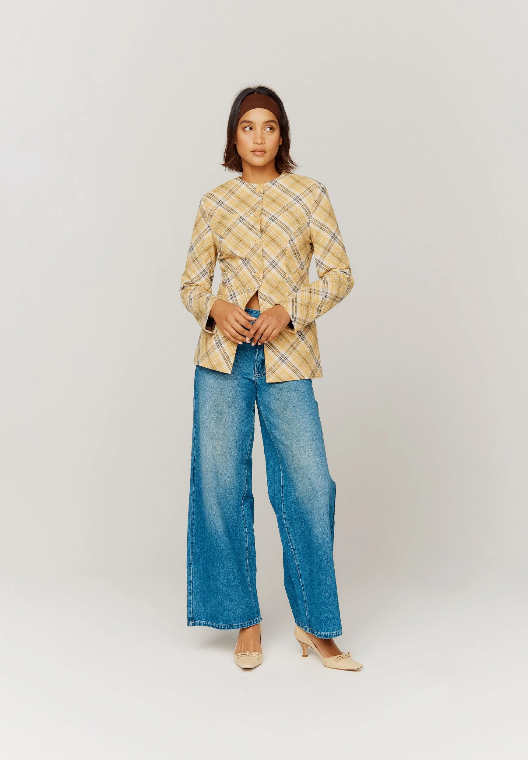 CHECK COLLARLESS BLAZER