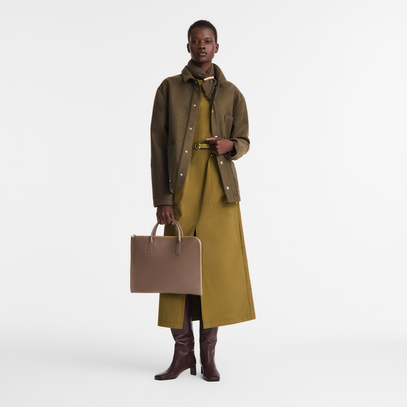 Le Foulonné S Briefcase Taupe - Leather