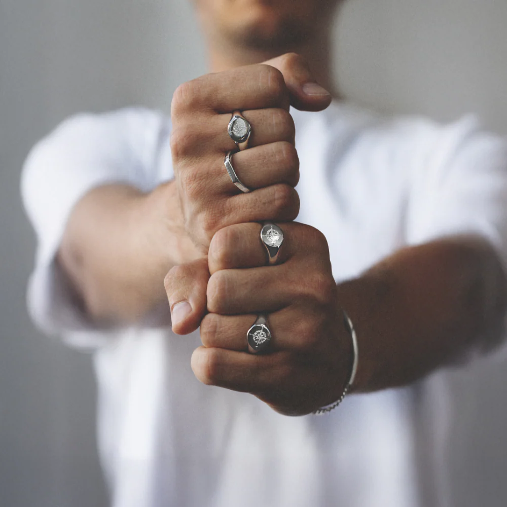 Men's Signet ring wind rose silver