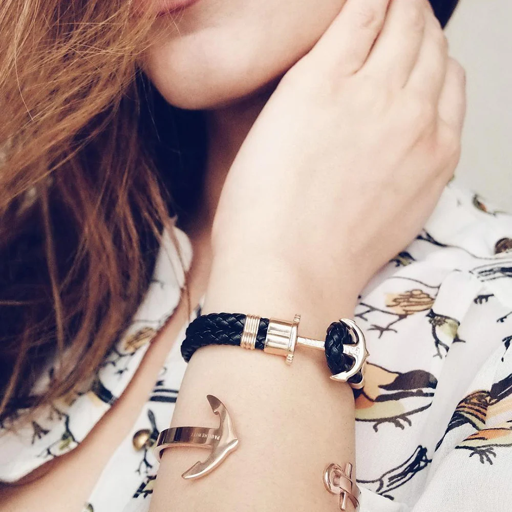 Anchor bracelet Phrep rose gold leather black