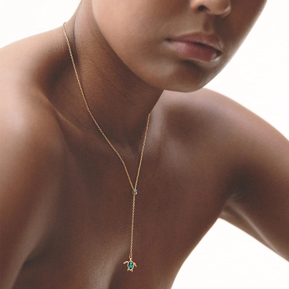 Turtle Y Necklace Aquamarine Gold