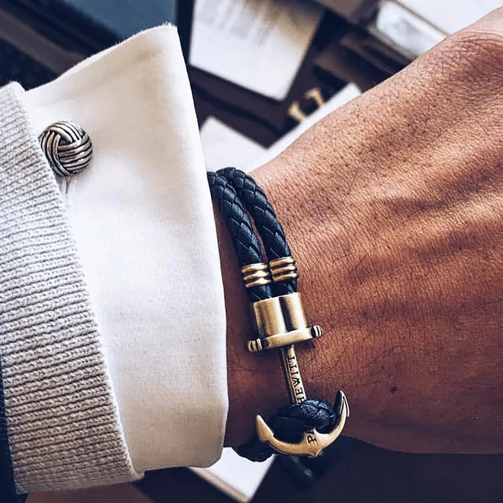 Anchor bracelet Phrep brass leather navy blue