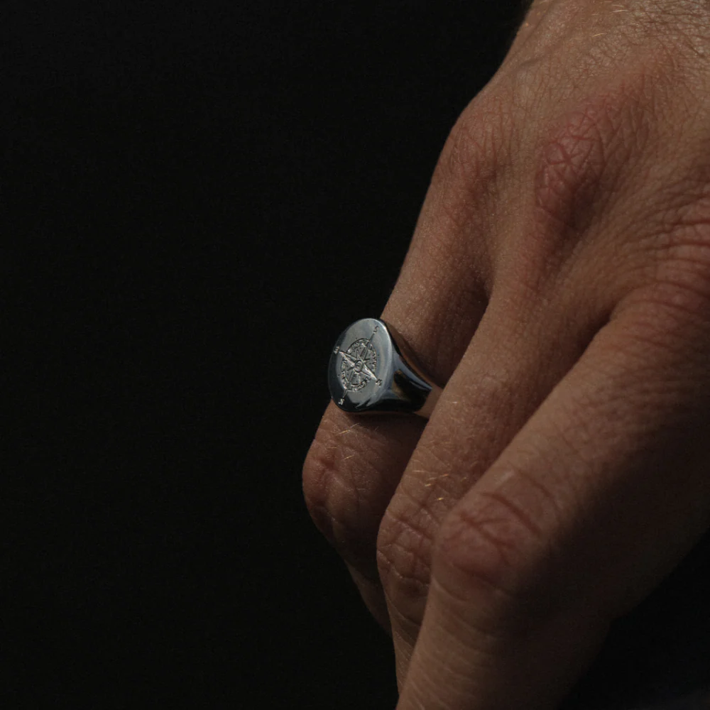 Men's Signet ring wind rose silver