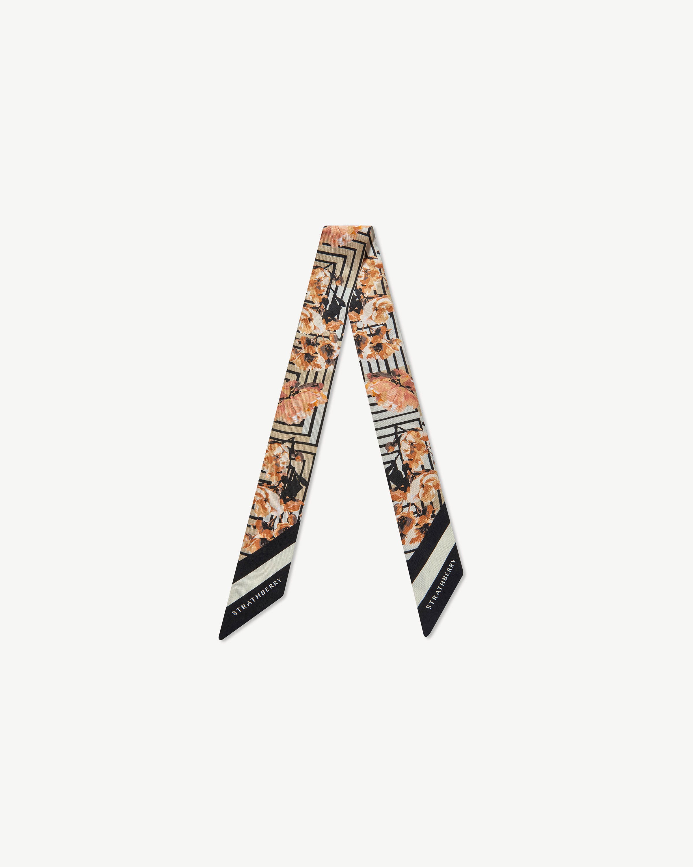 Silk Skinny Scarf - Sand/Black Floral Stripe