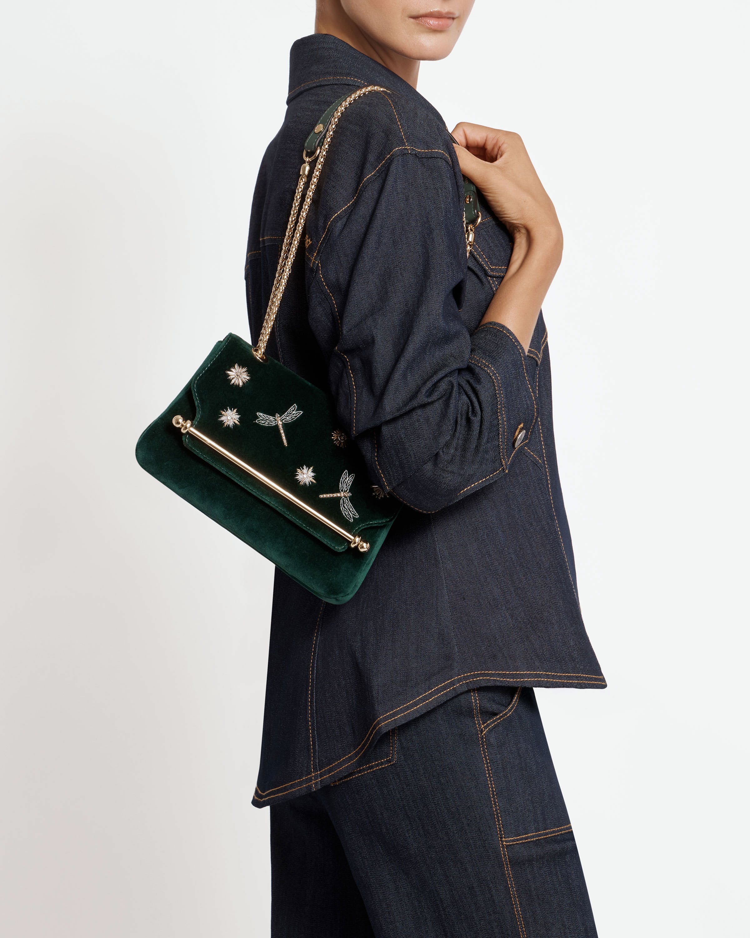 East/West Mini Soft - Cinq a Sept Bottle Green Embroidered Velvet