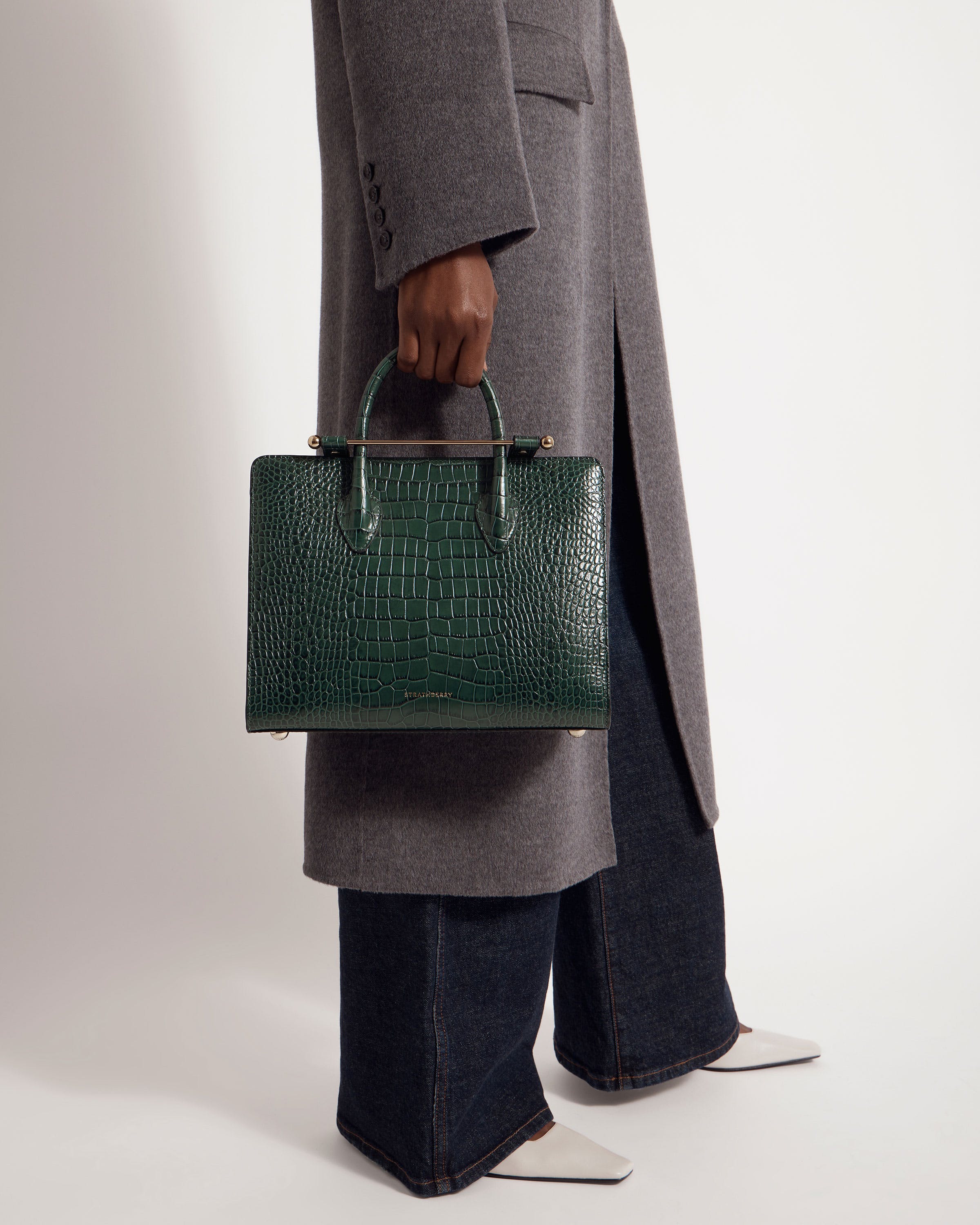 Midi Tote - Croc-Embossed Leather Bottle Green