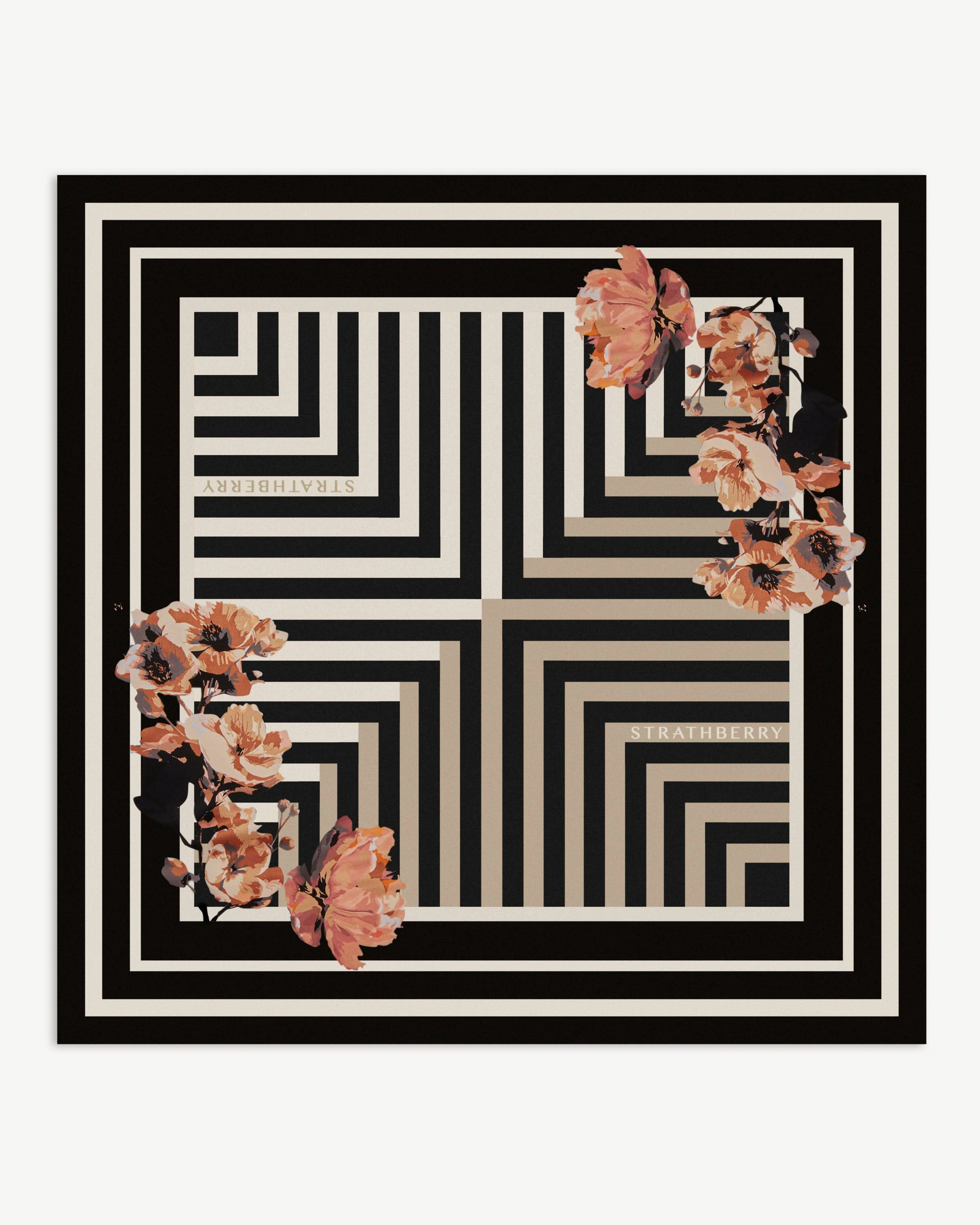 Silk Square Scarf - Black/Clay Floral Stripe