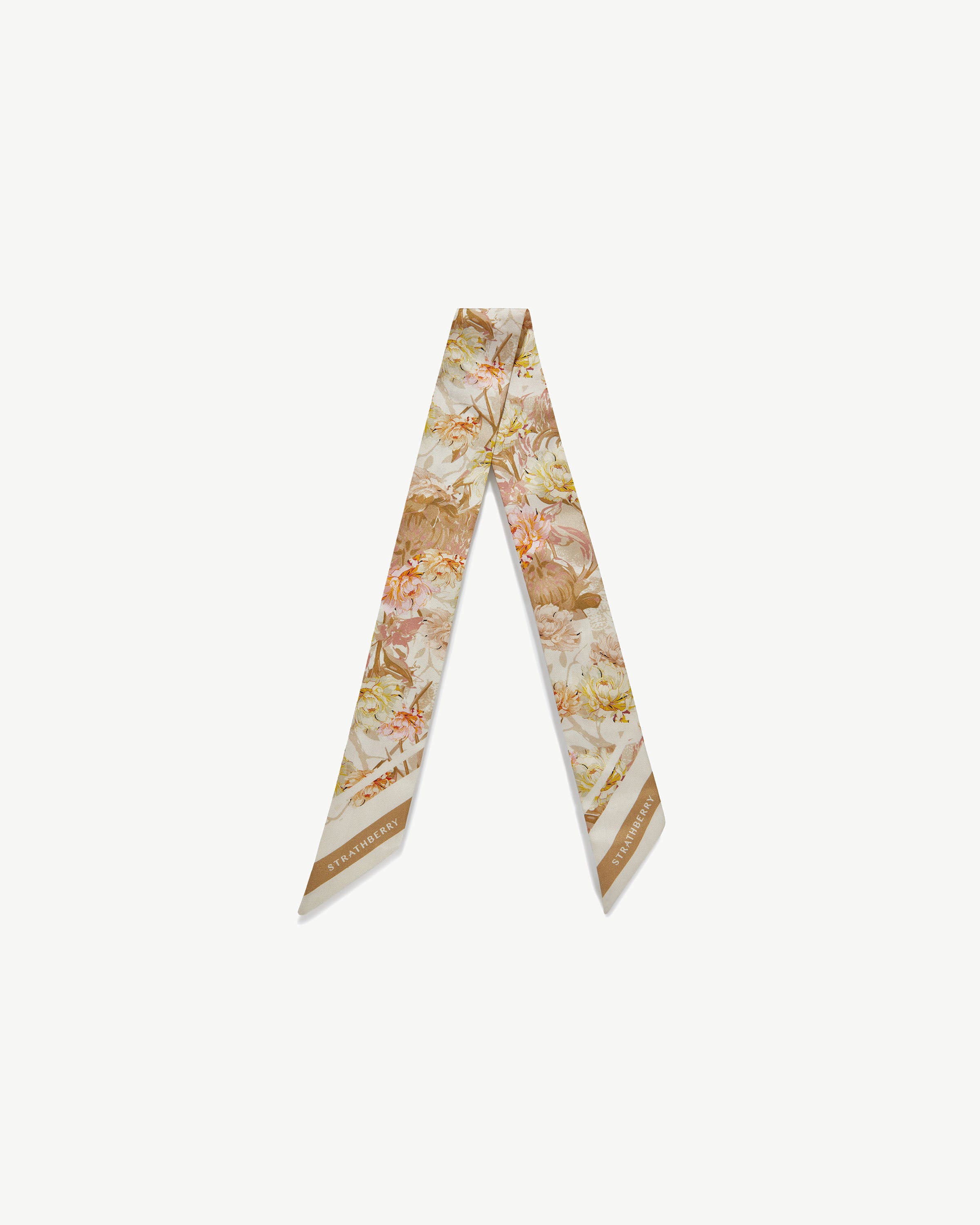 Silk Skinny Scarf - Floral Print Vanilla/Pink