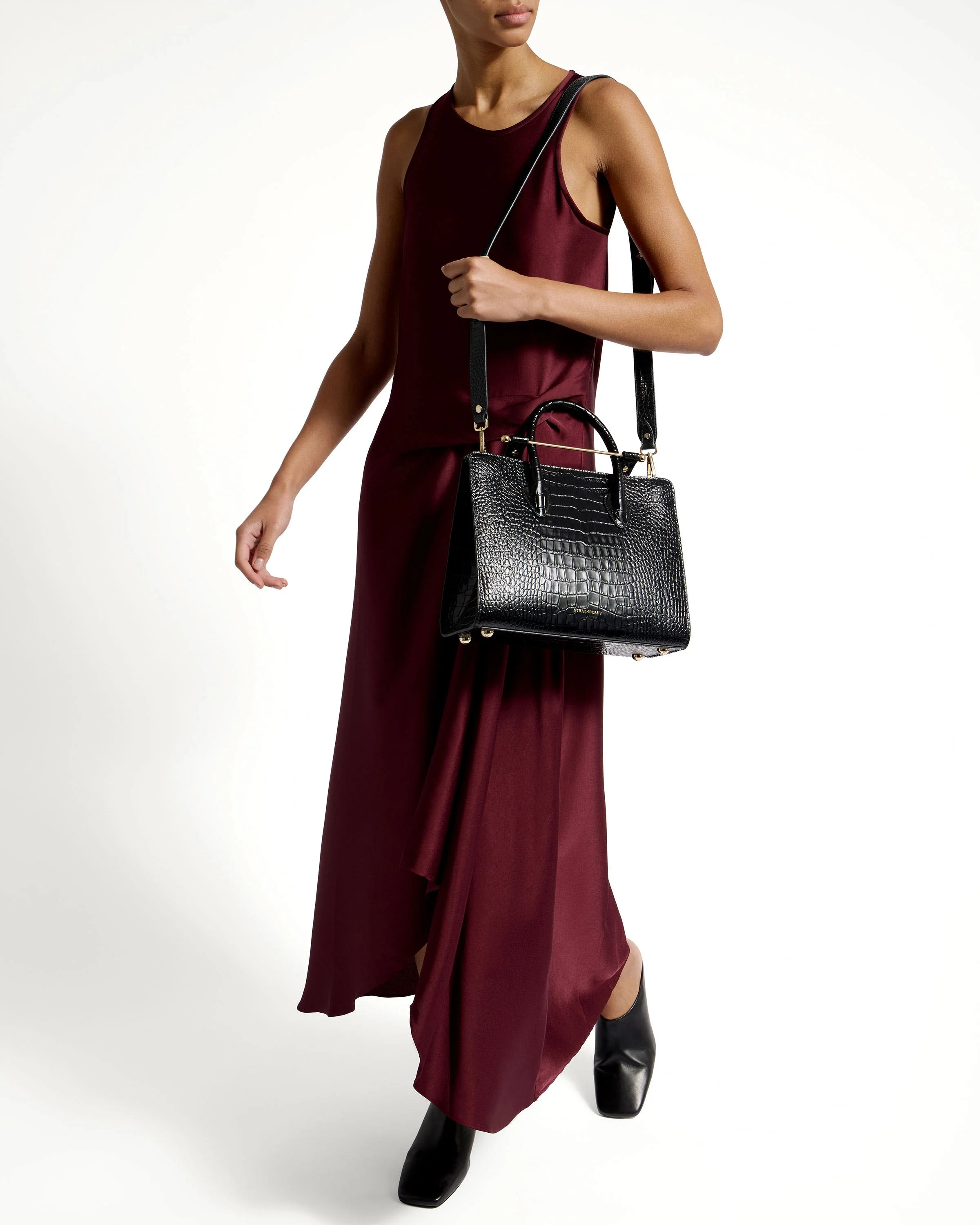 Midi Tote - Croc-Embossed Leather Black