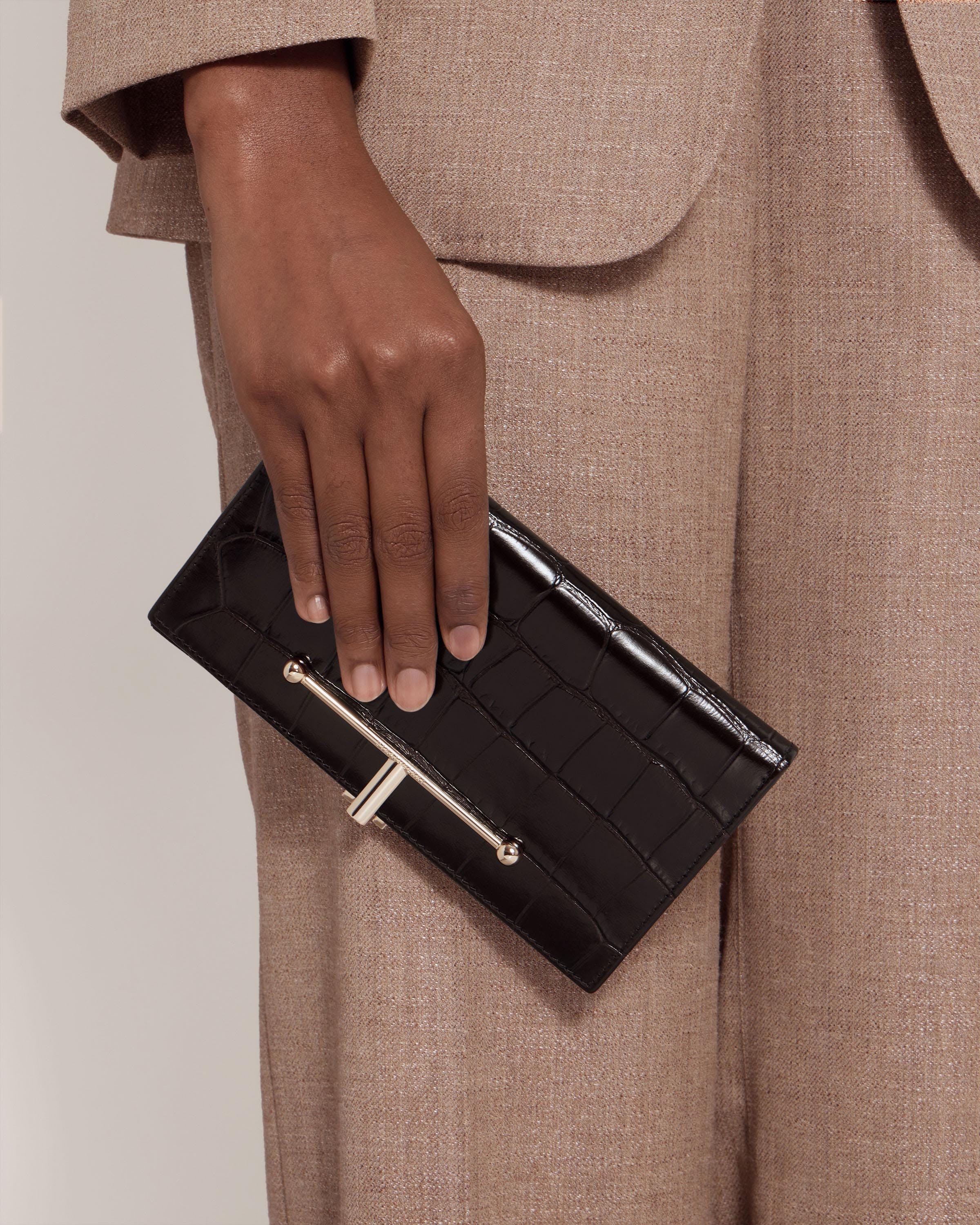 Large Melville Street Wallet - Croc-Embossed Leather Mahogany/Black