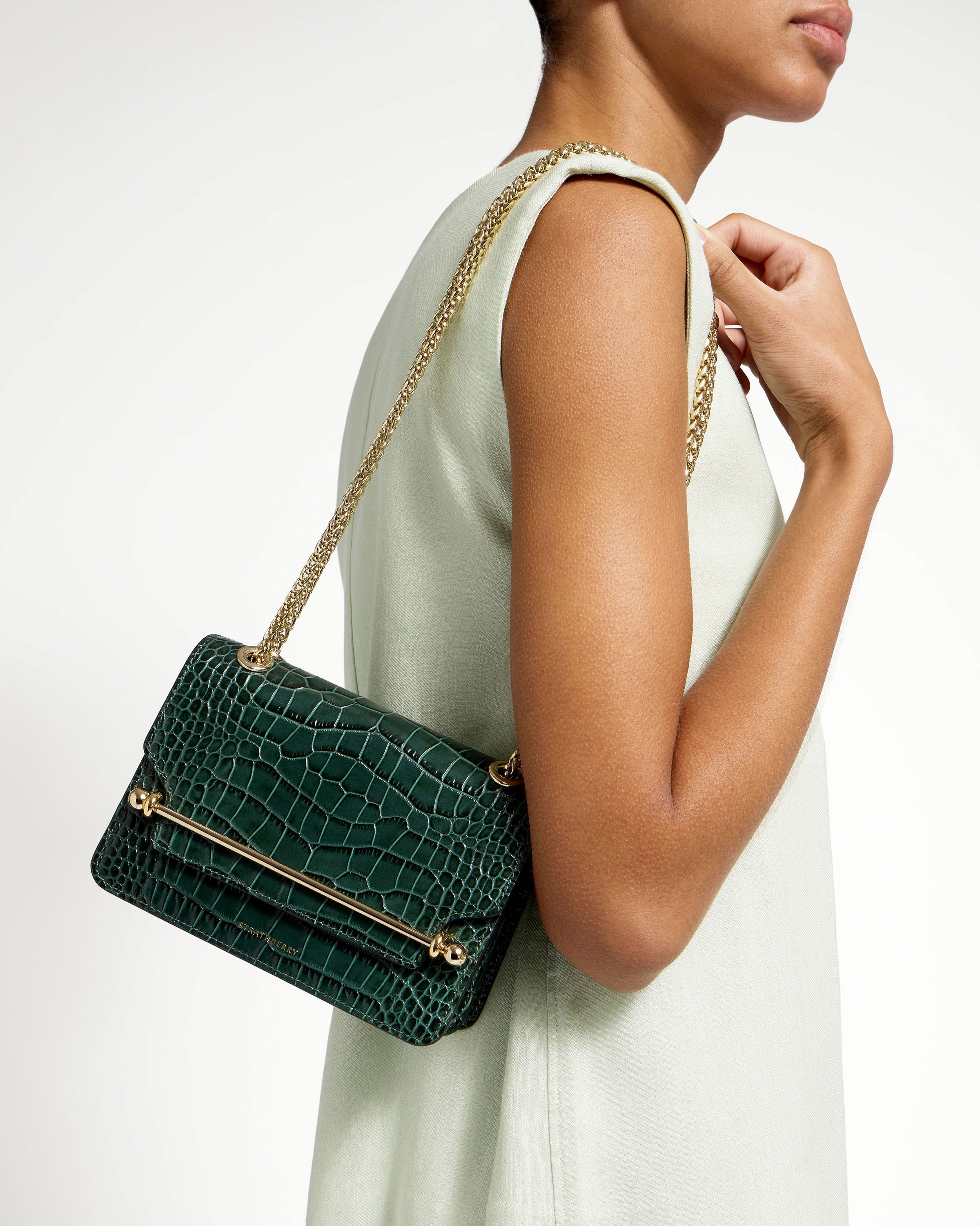 East/West Mini - Croc-Embossed Leather Bottle Green