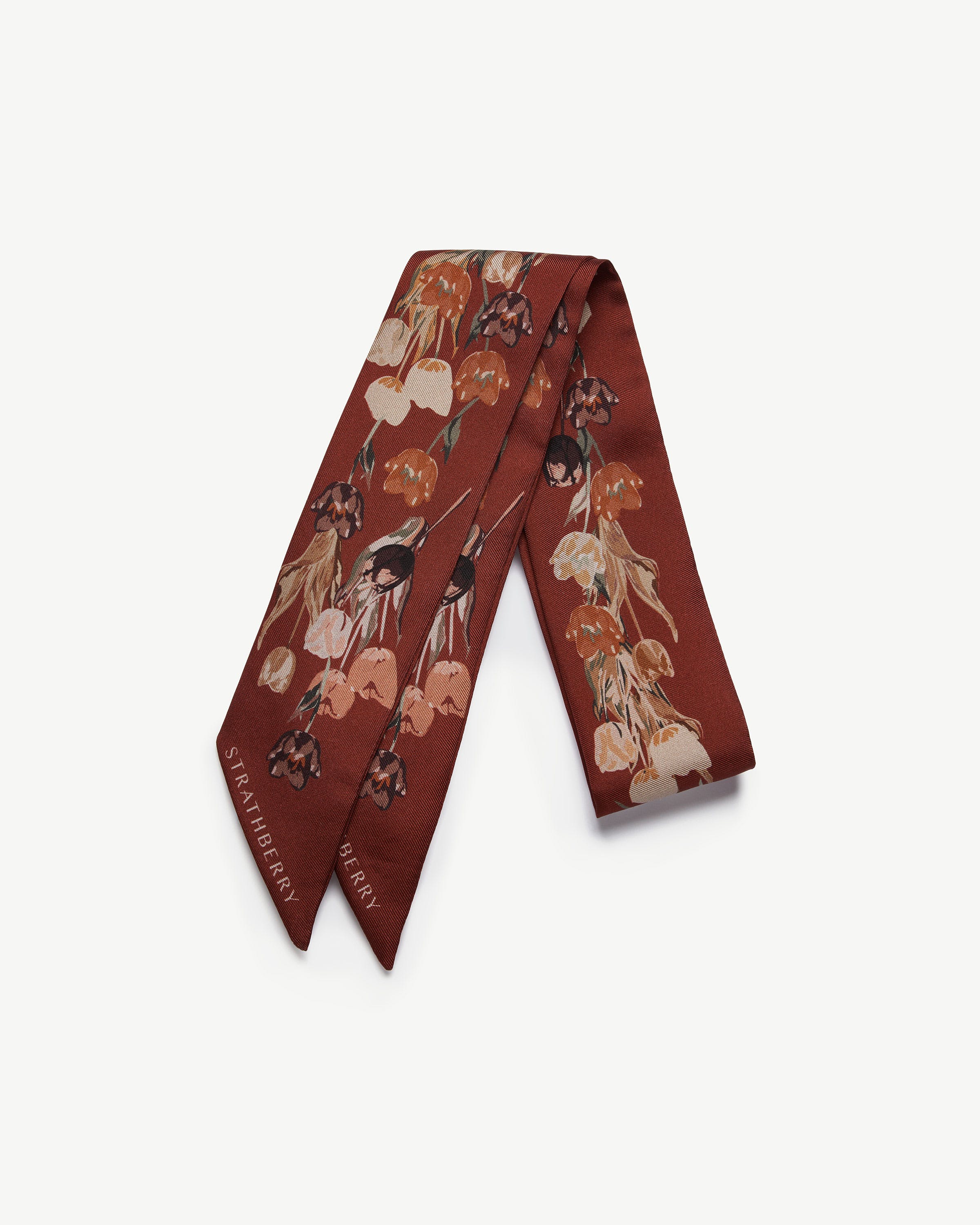 Silk Skinny Scarf - Oxblood Tulip Print