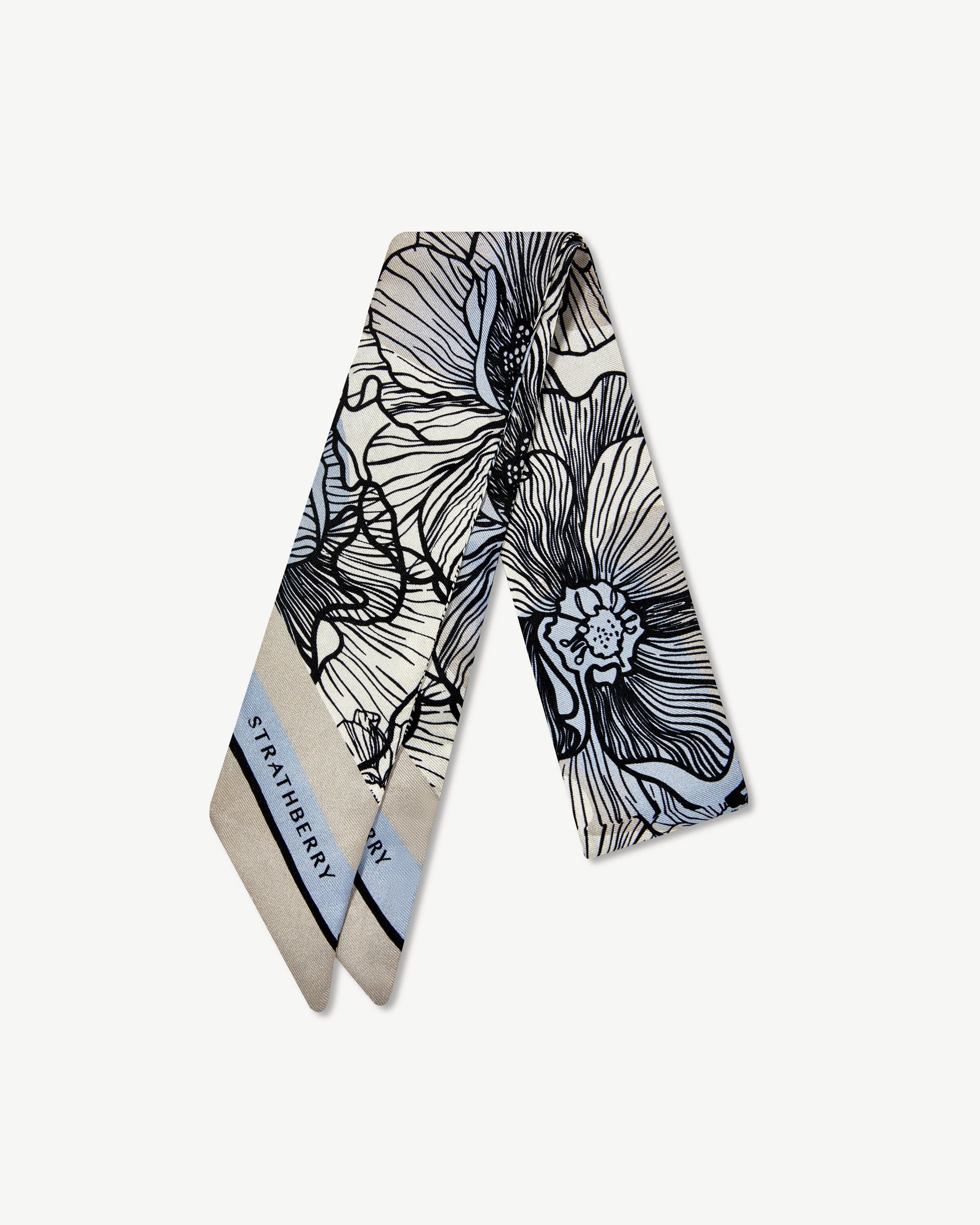 Silk Skinny Scarf - Floral Blue/Vanilla