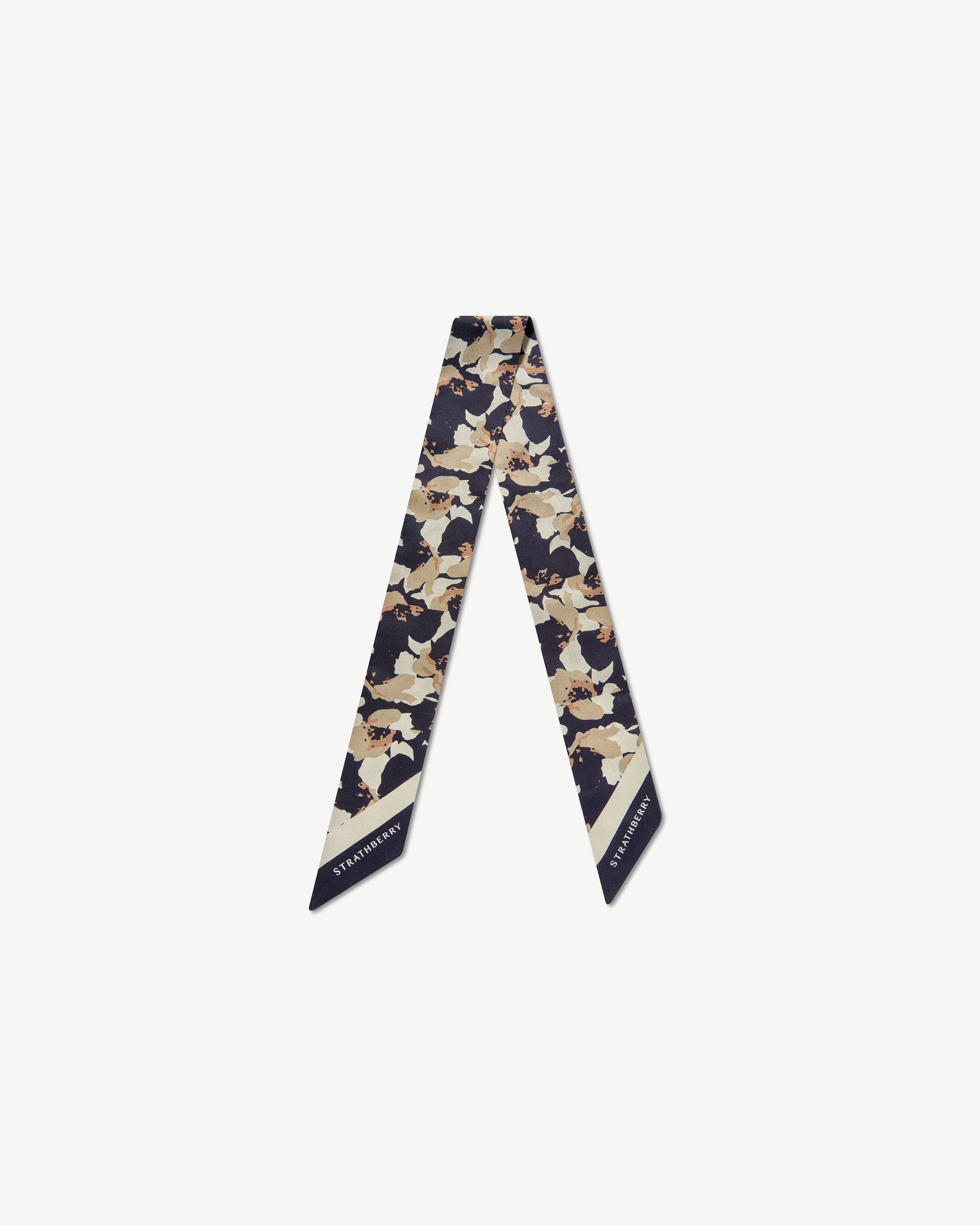 Silk Skinny Scarf - Abstract Floral Navy/Sand