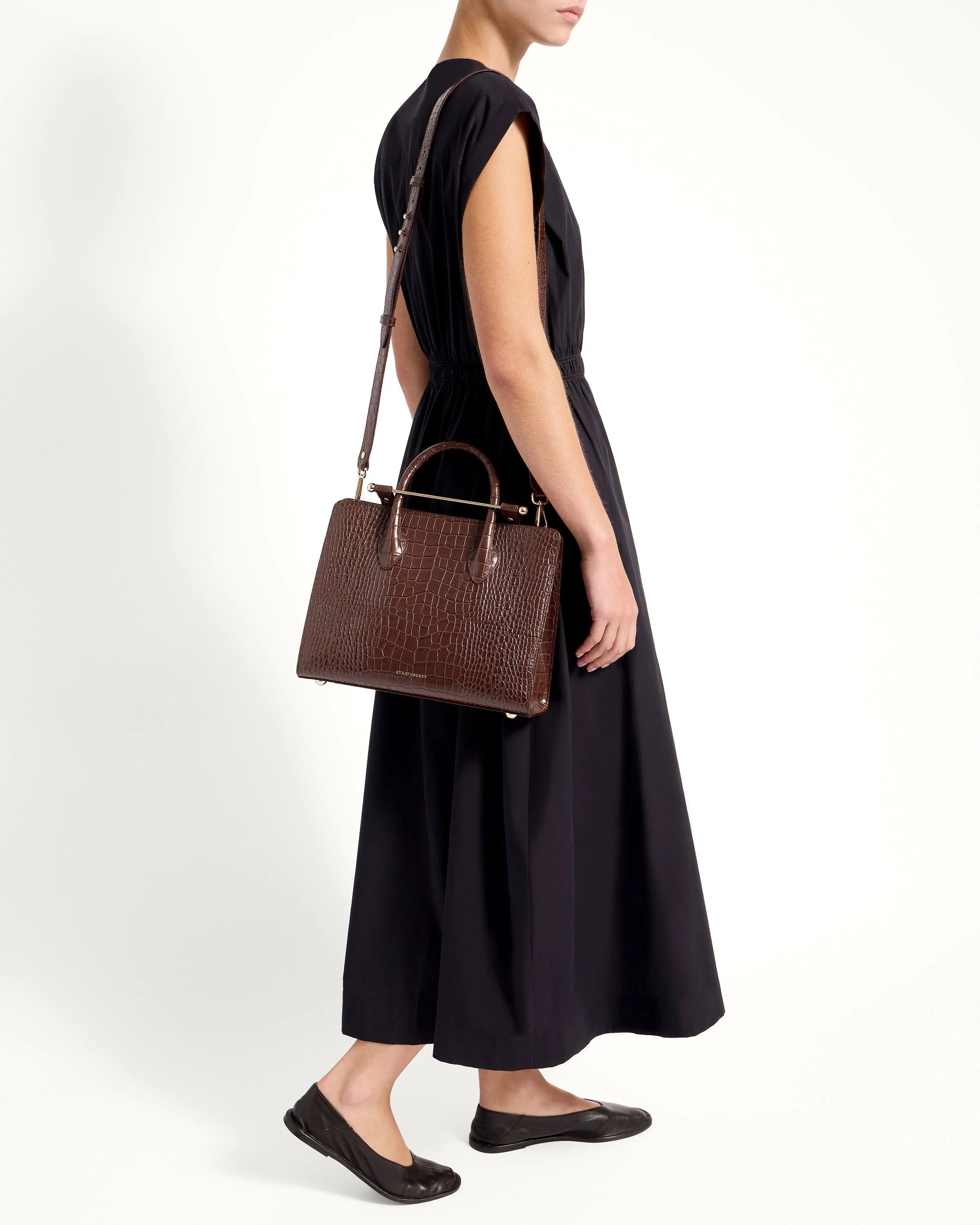 Midi Tote - Croc-Embossed Leather Chocolate