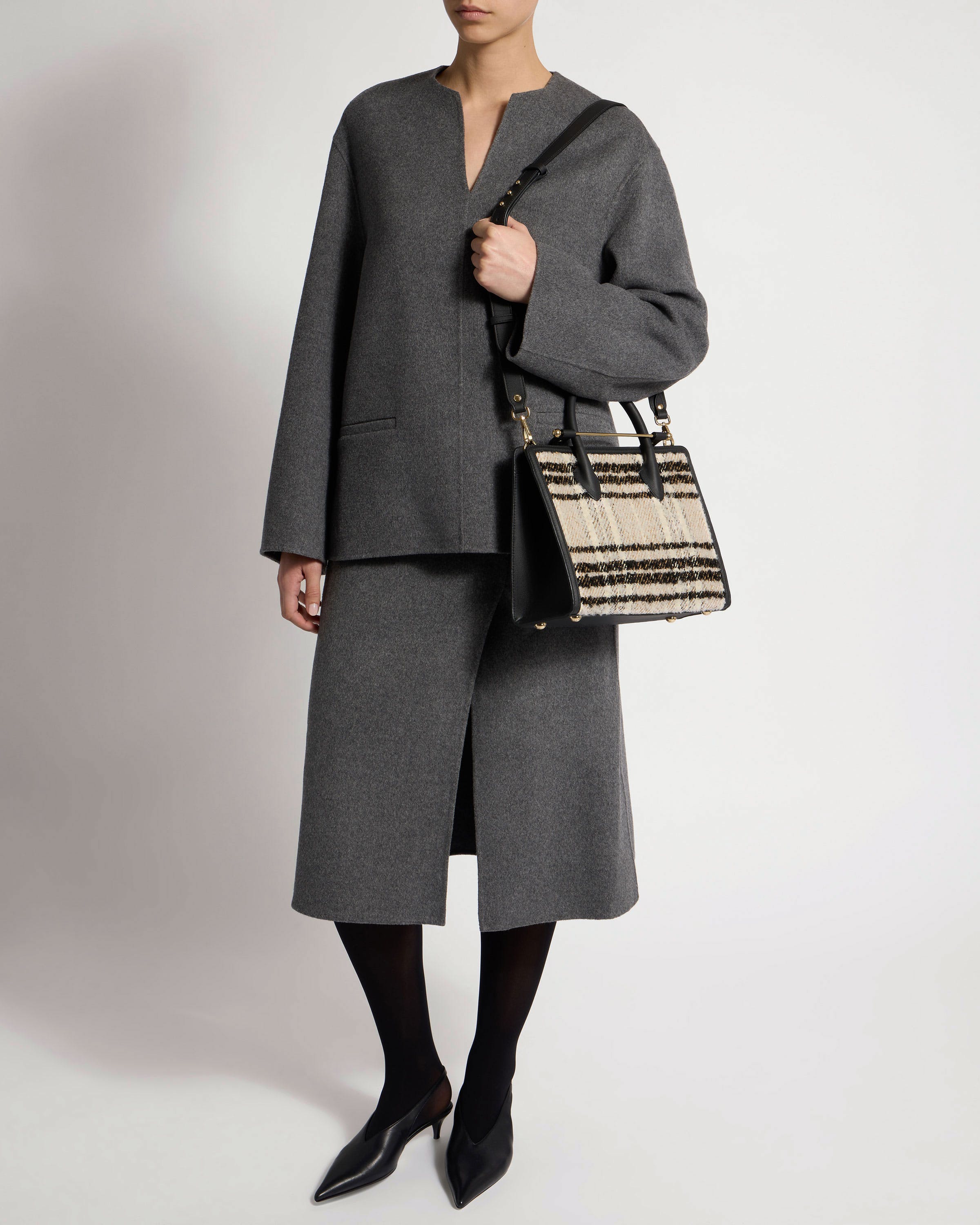 Midi Tote - Black Bouclé Tartan