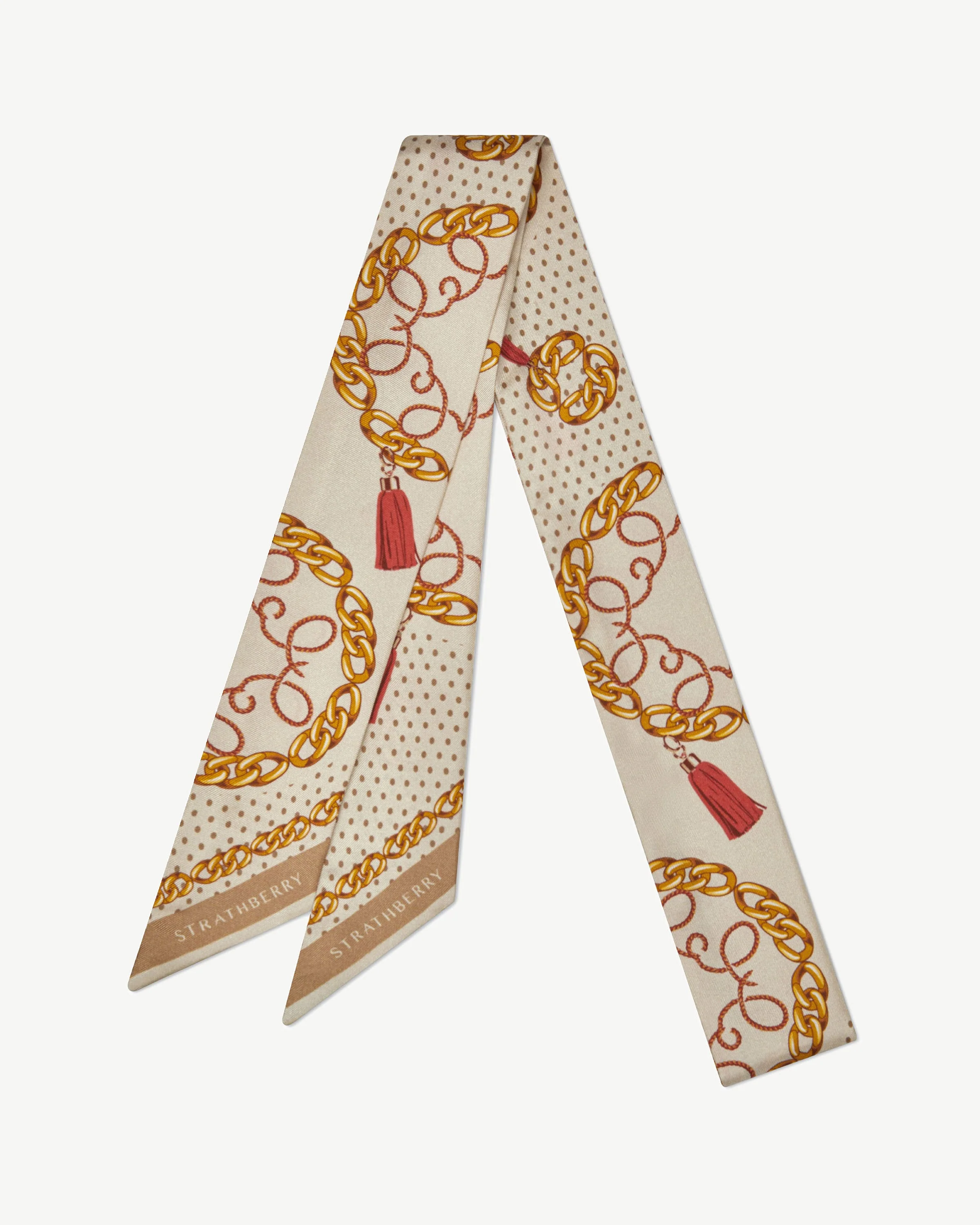 Long Silk Skinny Scarf - Caramel/Diamond Chain Print