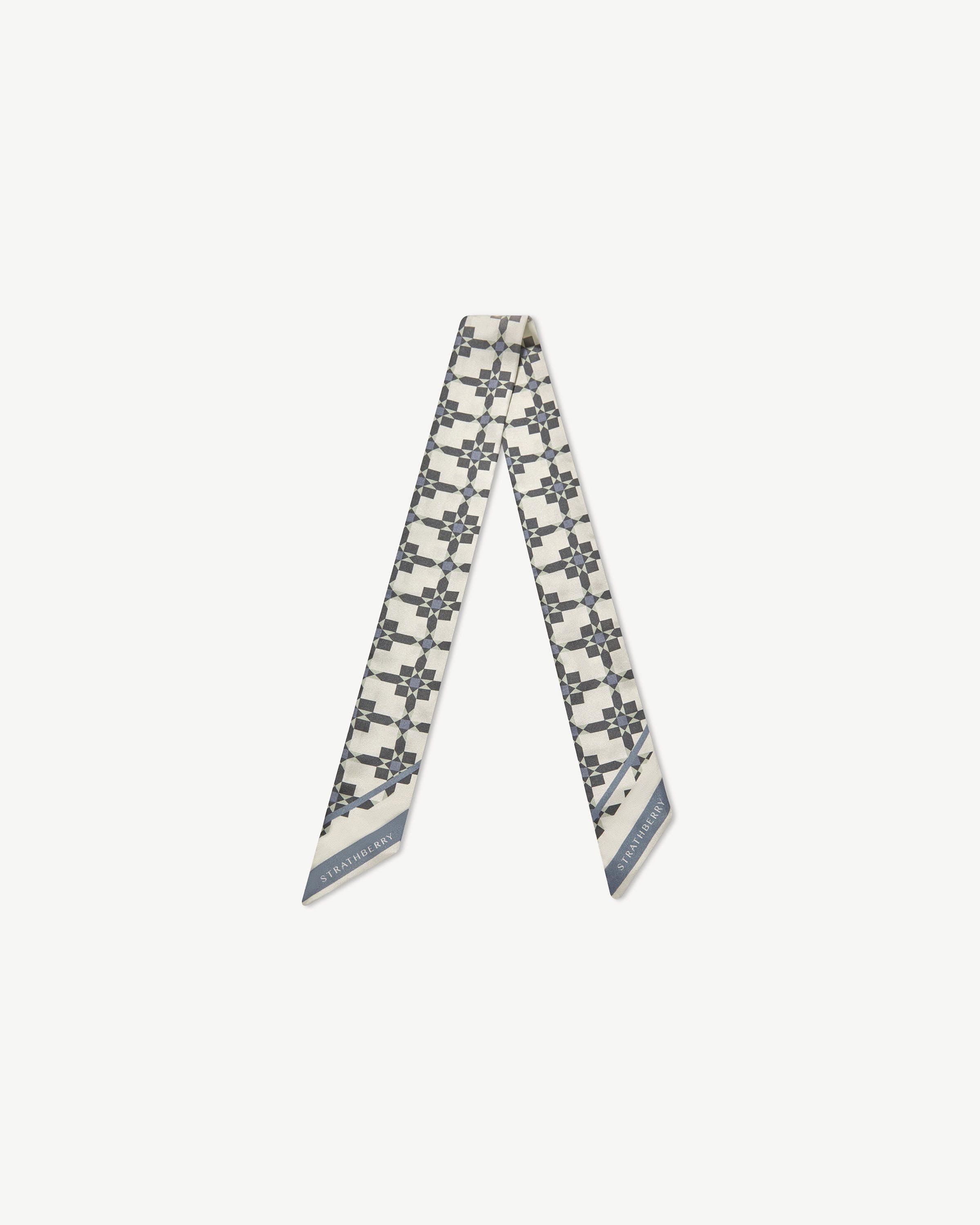 Silk Skinny Scarf - Dusky Blue Tile Print