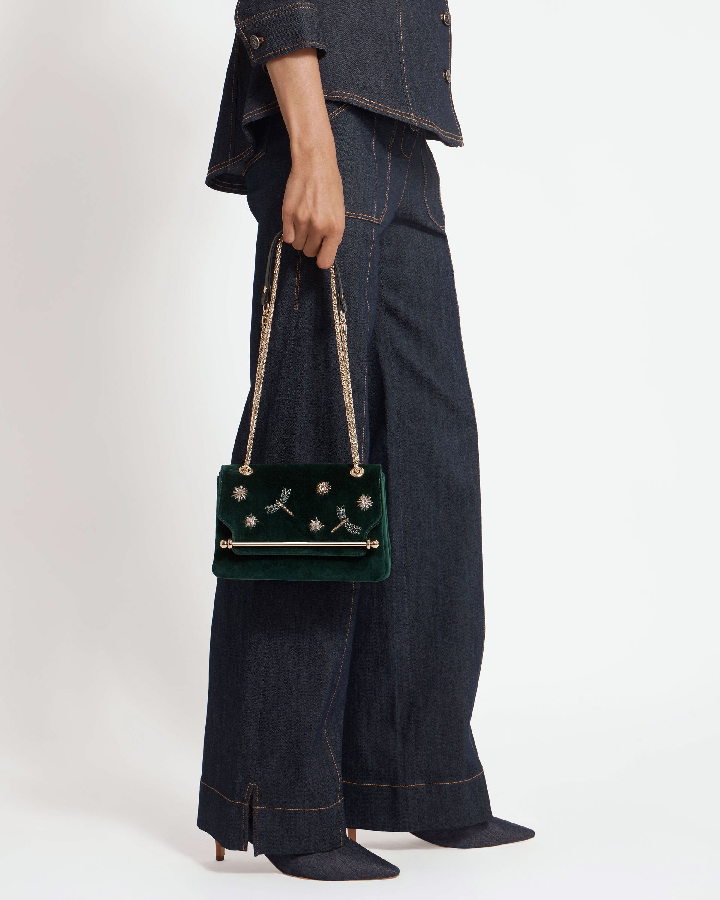 East/West Mini Soft - Cinq a Sept Bottle Green Embroidered Velvet