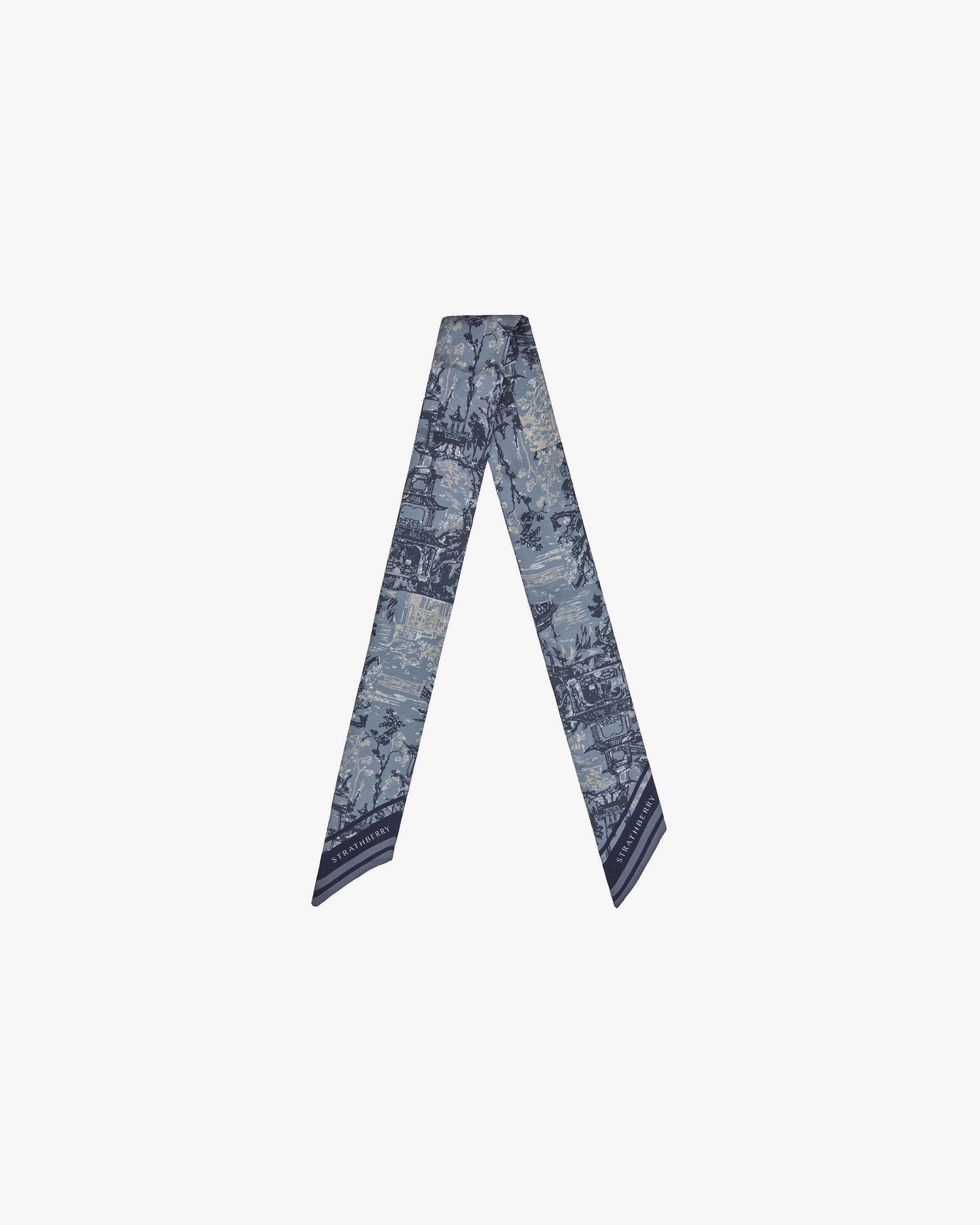 Silk Skinny Scarf - Denim Blue/Navy Oriental Print