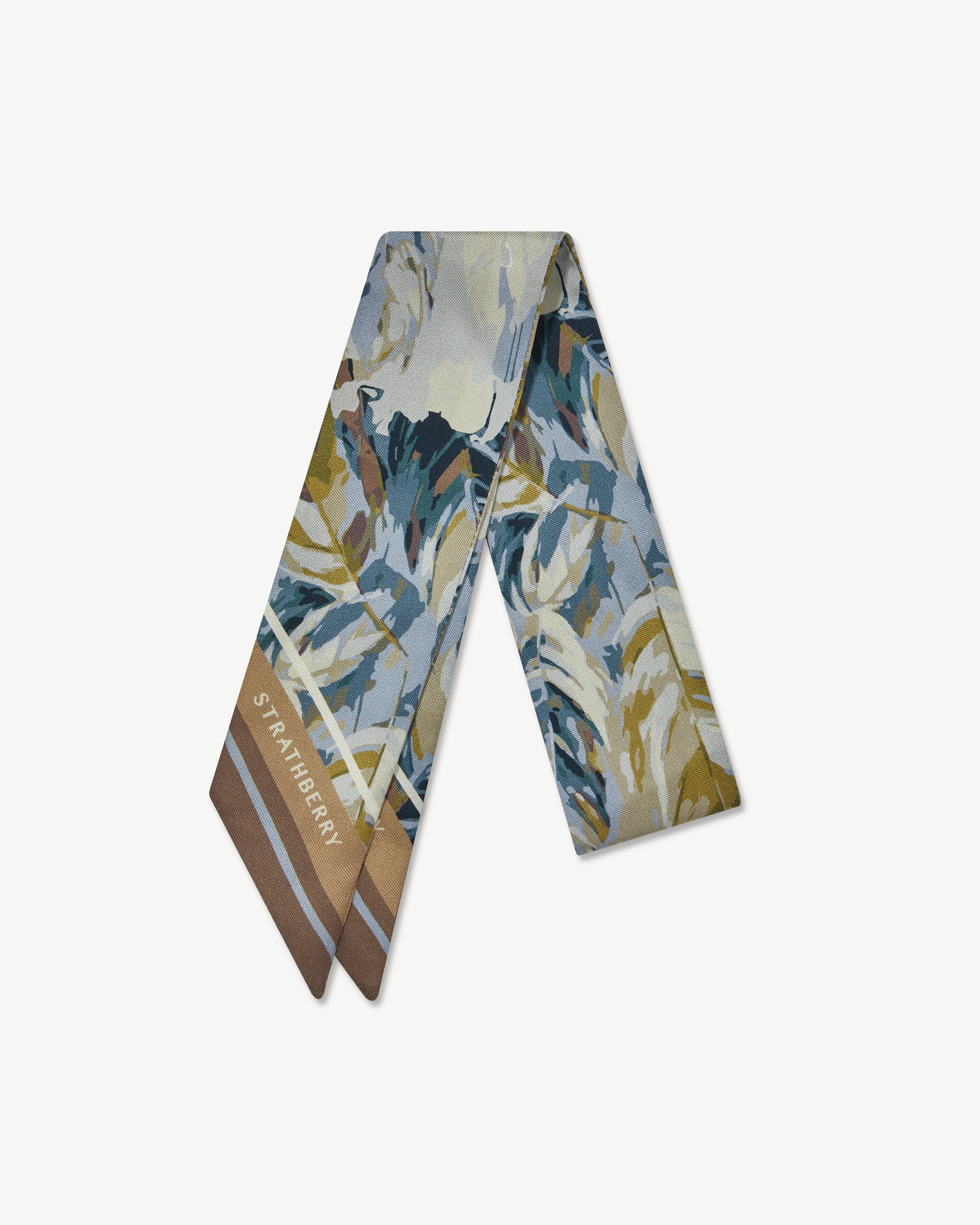 Silk Skinny Scarf - Clay/Blue Abstract Feather Print