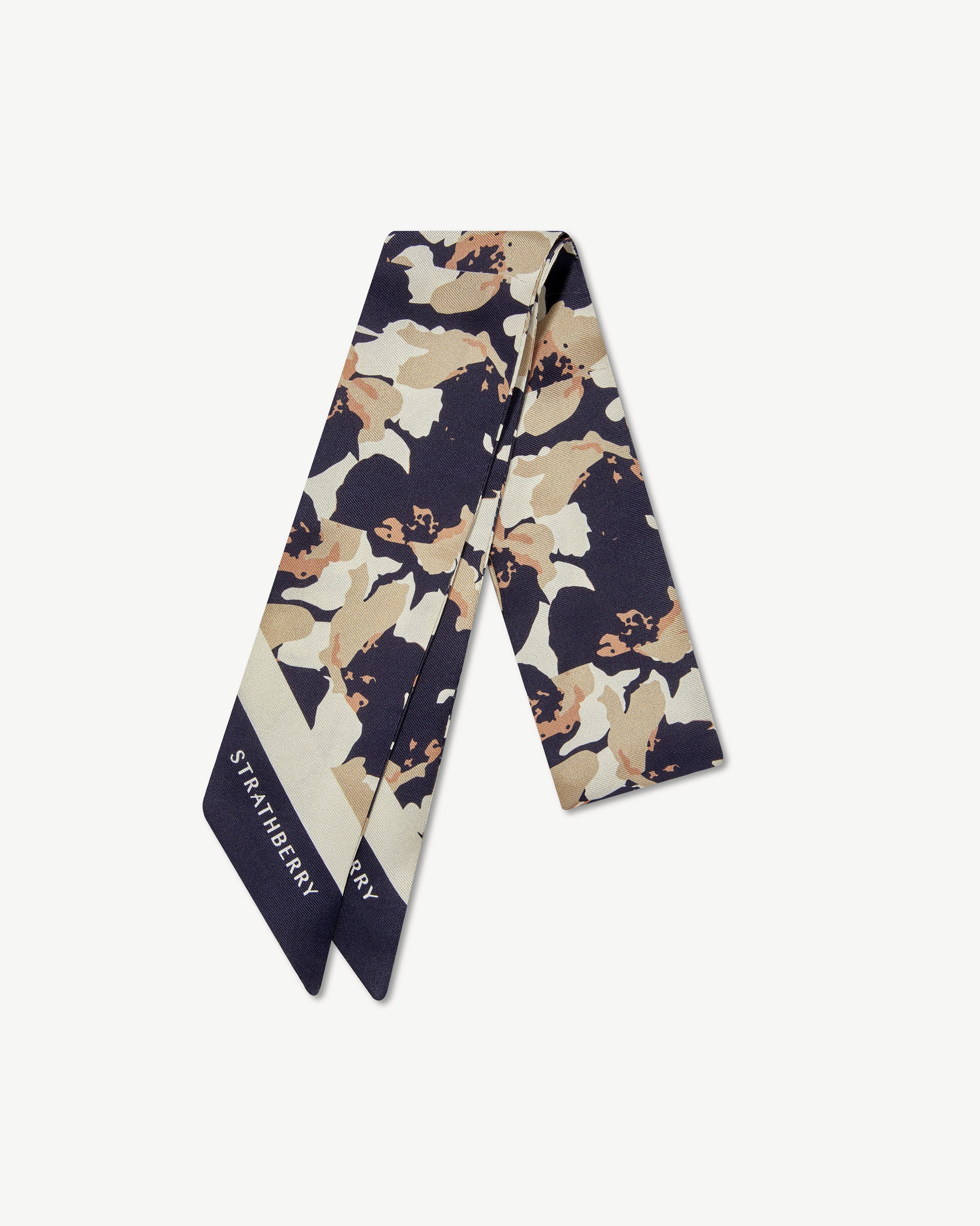 Silk Skinny Scarf - Abstract Floral Navy/Sand