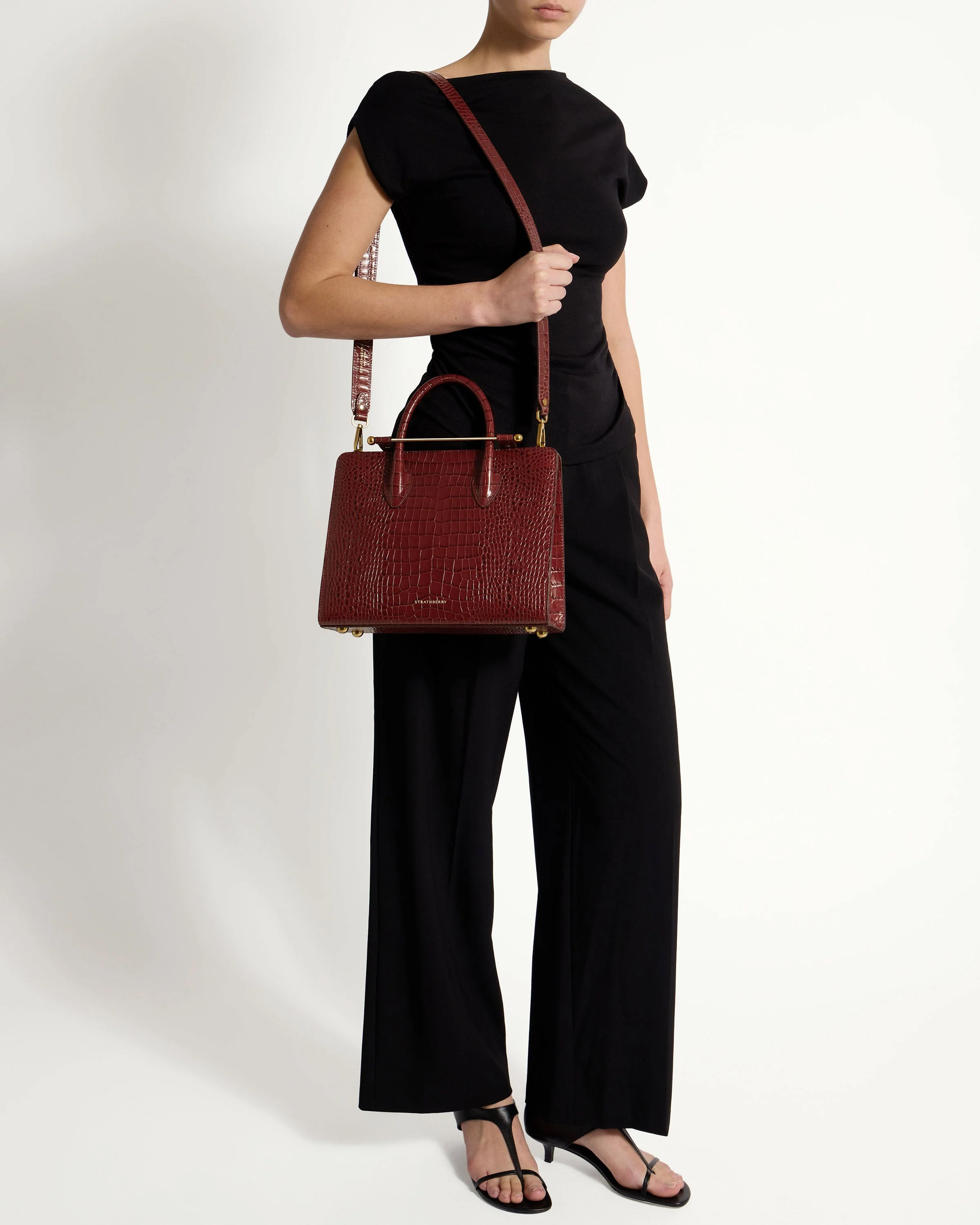 Midi Tote - Croc-Embossed Leather Oxblood