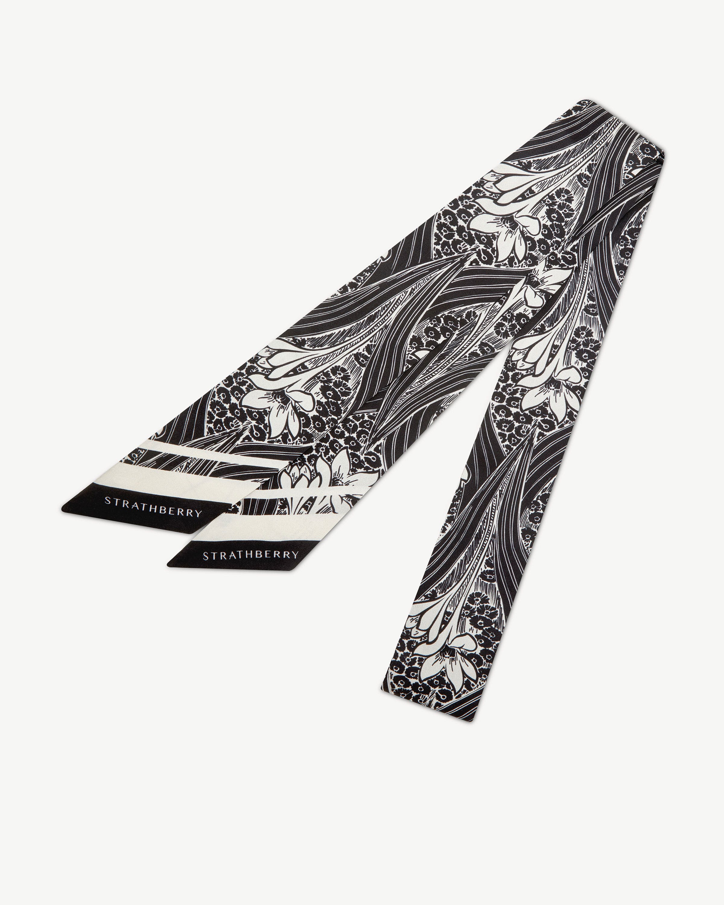 Long Silk Skinny Scarf - Black Wallpaper Print