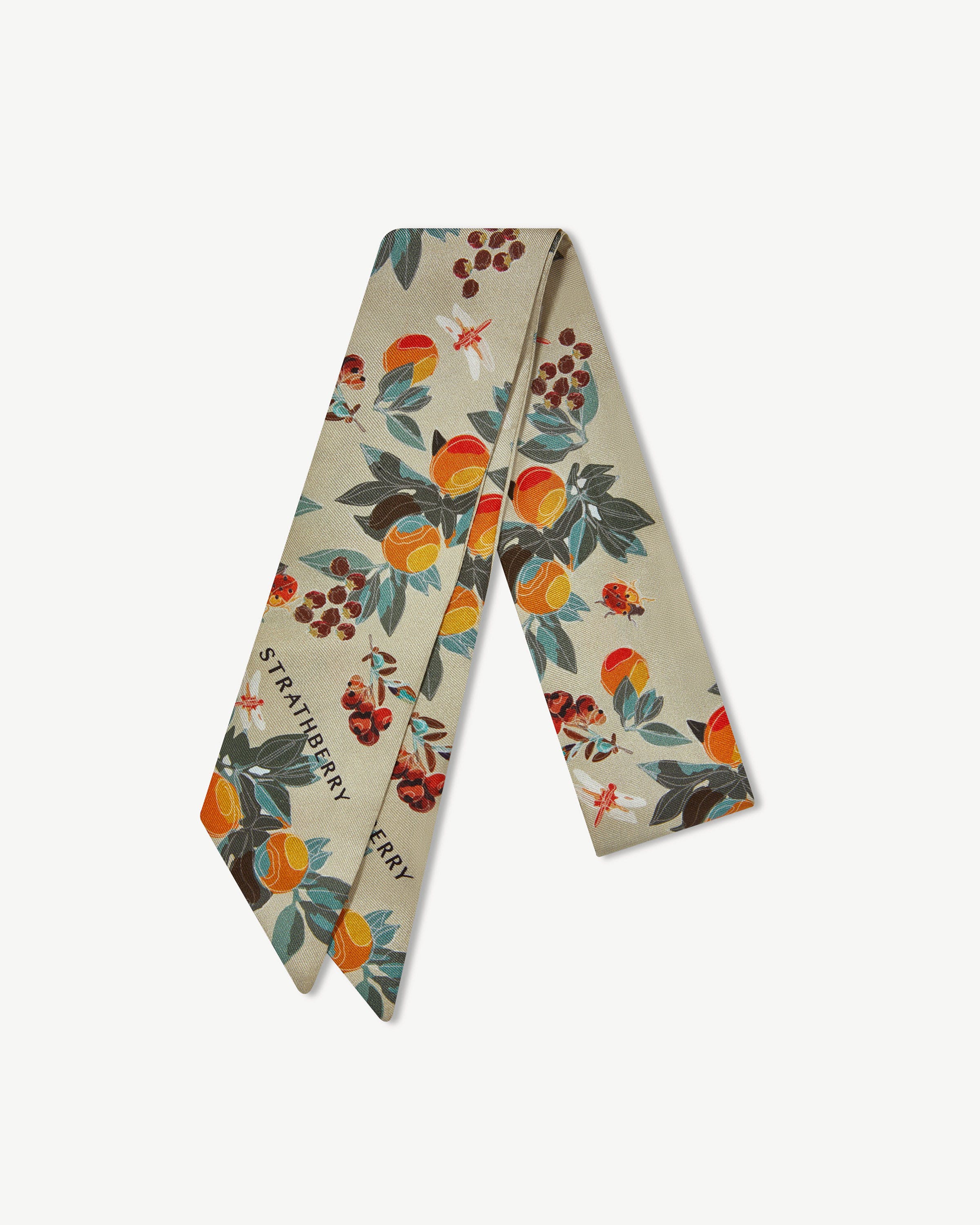 Silk Skinny Scarf - Orange/Green Floral Fruit Print