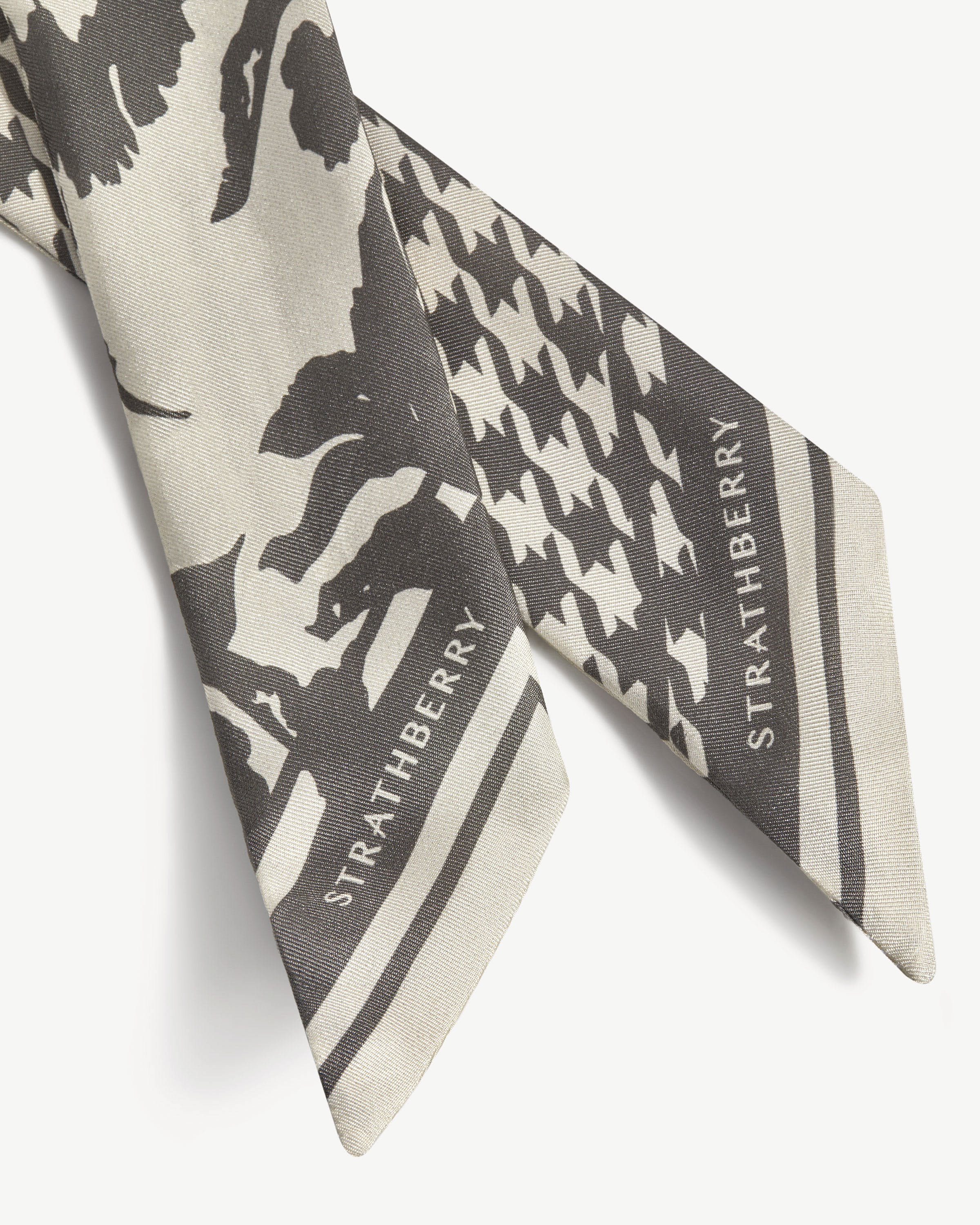 Silk Skinny Scarf - Stone Grey Floral Dogstooth