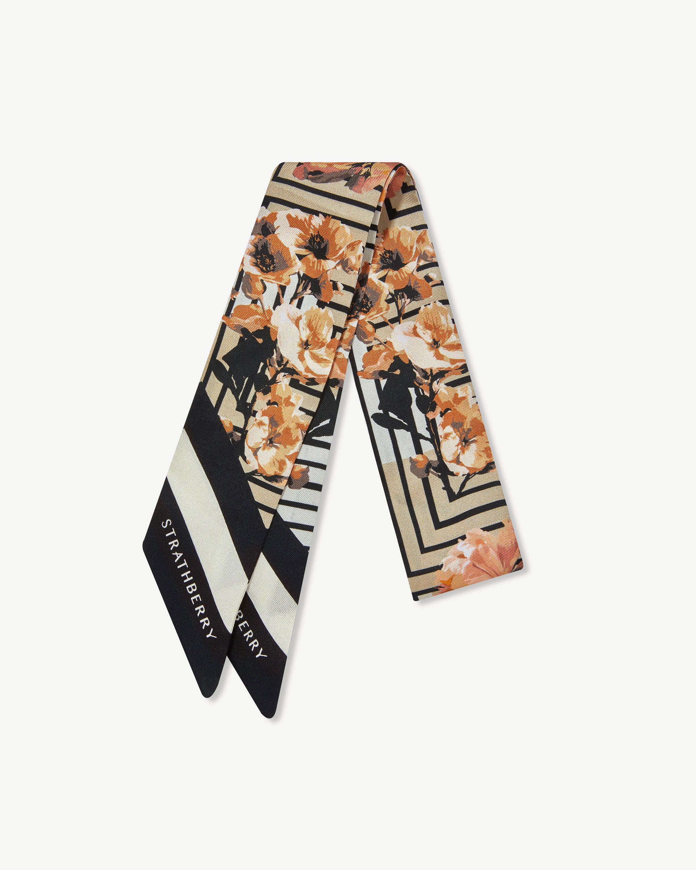 Silk Skinny Scarf - Sand/Black Floral Stripe