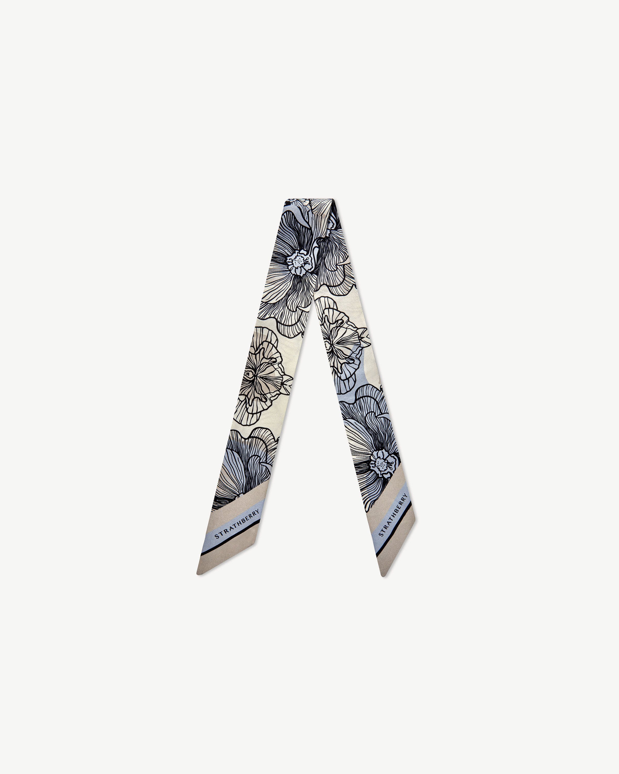 Silk Skinny Scarf - Floral Blue/Vanilla