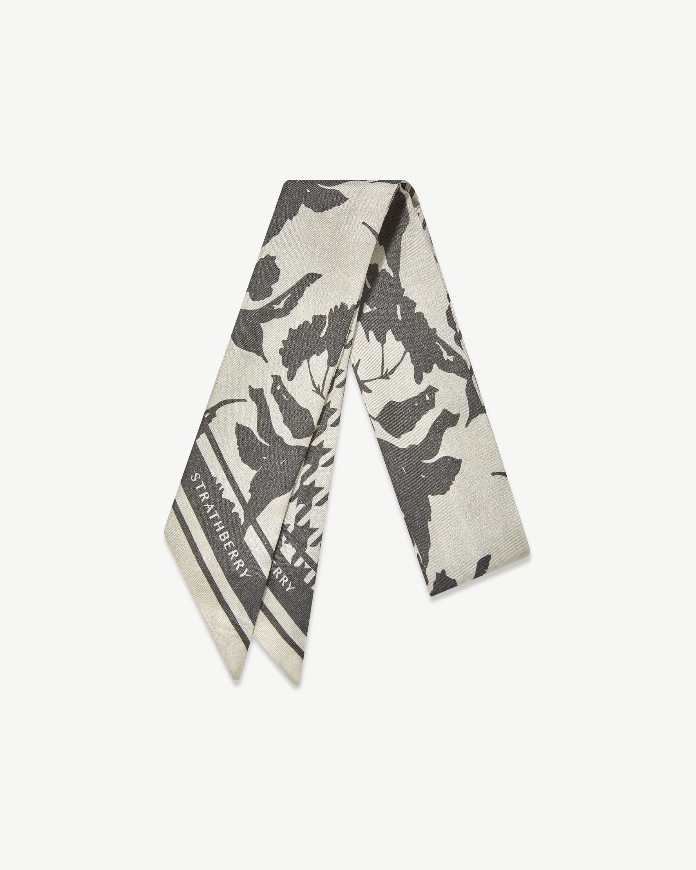 Silk Skinny Scarf - Stone Grey Floral Dogstooth