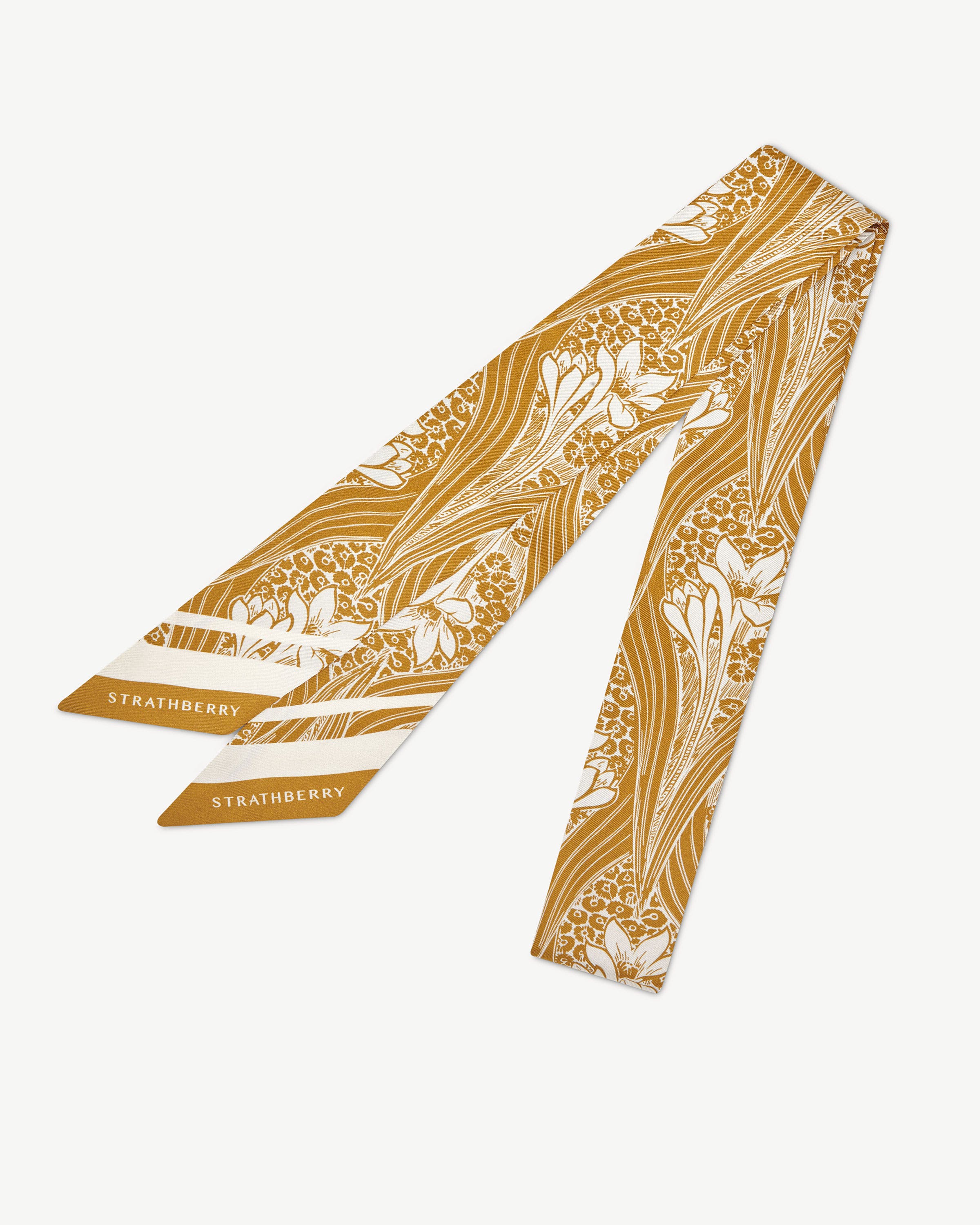 Long Silk Skinny Scarf - Mustard Wallpaper Print