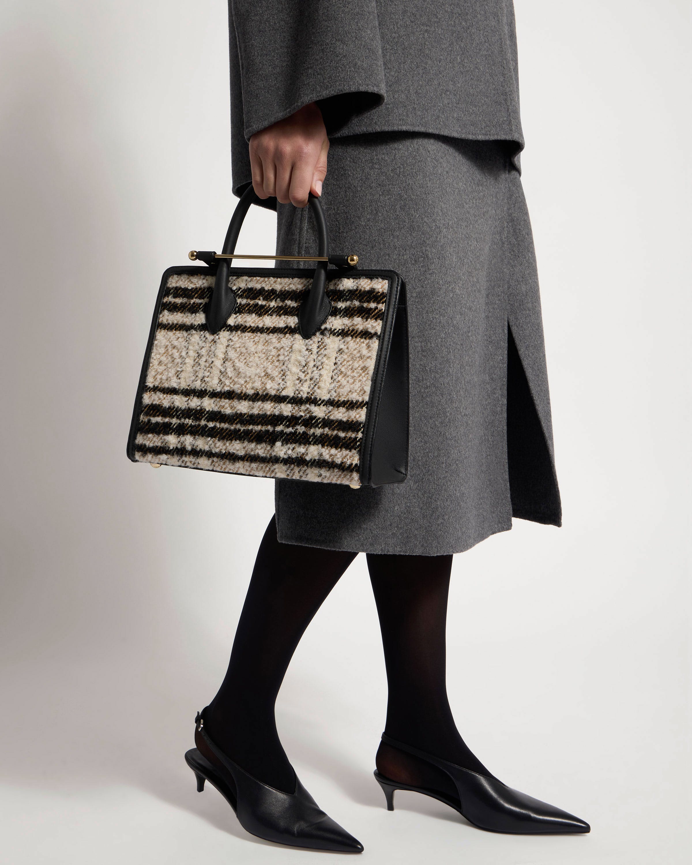 Midi Tote - Black Bouclé Tartan