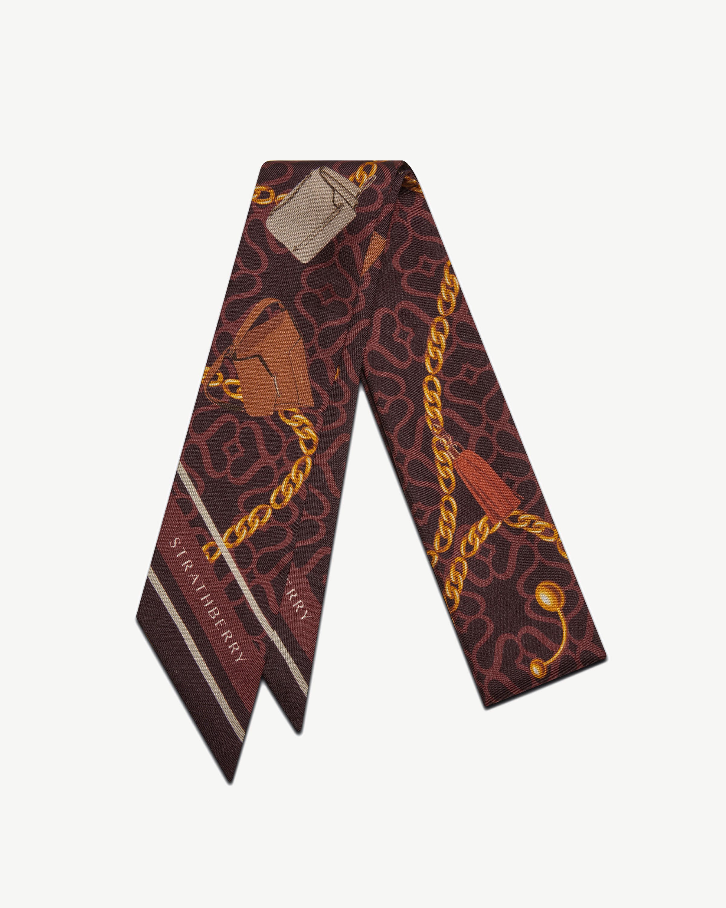 Silk Skinny Scarf - Bag and Chain Print Burgundy/Oxblood