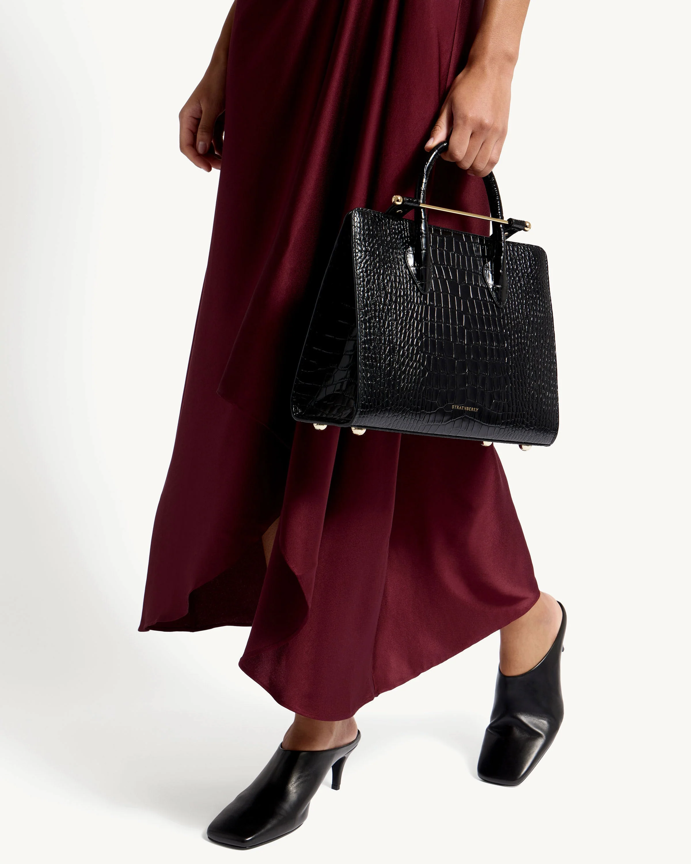 Midi Tote - Croc-Embossed Leather Black