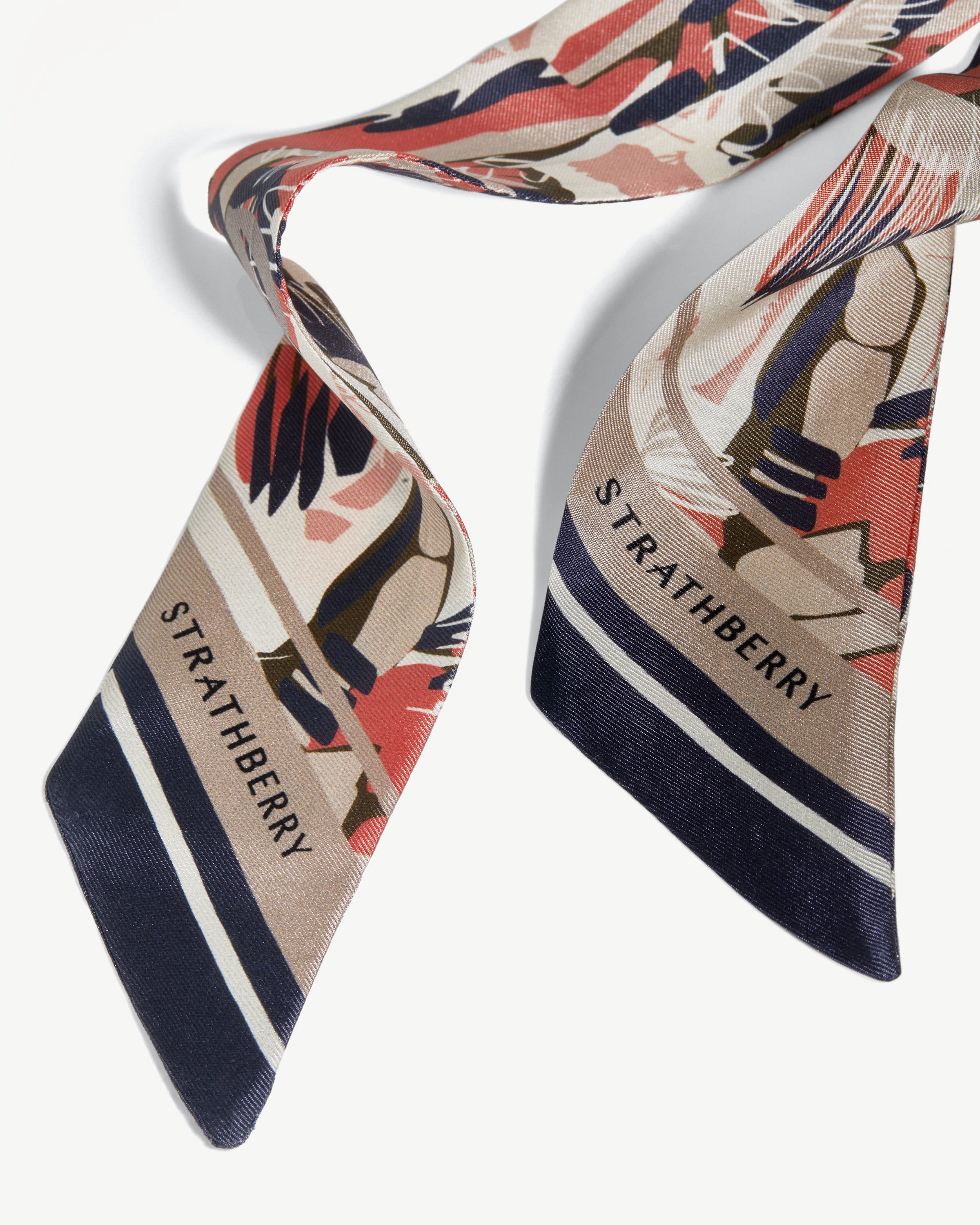 Silk Skinny Scarf - Palm Print Coral/Navy/Vanilla
