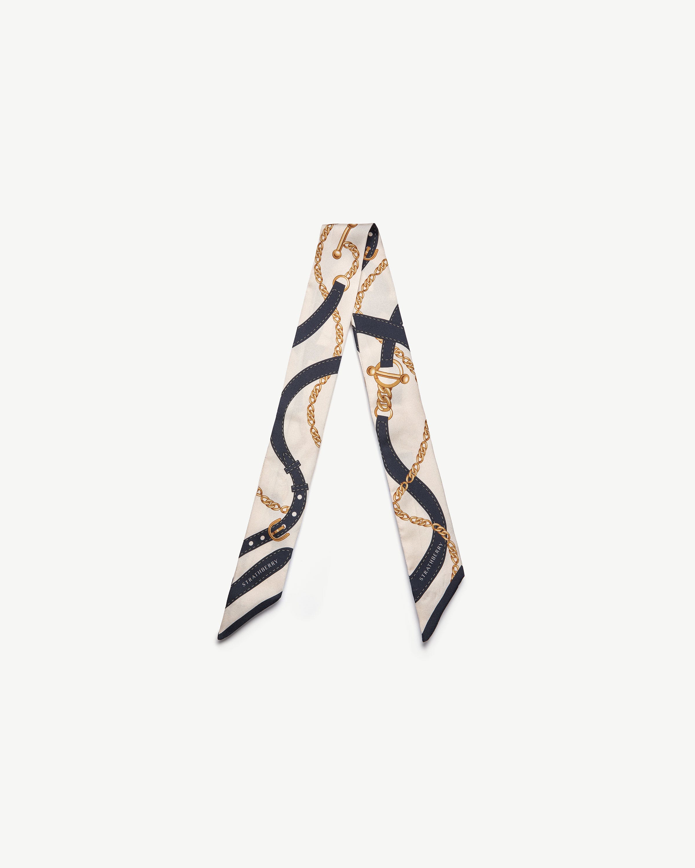Silk Skinny Scarf - Navy/Vanilla Belt Print