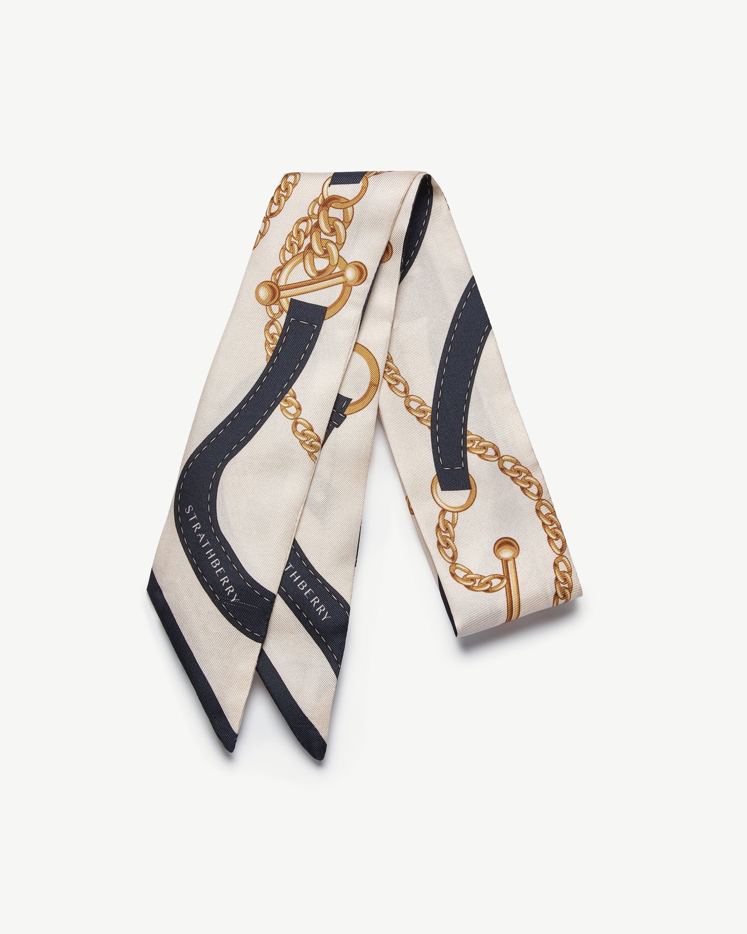 Silk Skinny Scarf - Navy/Vanilla Belt Print