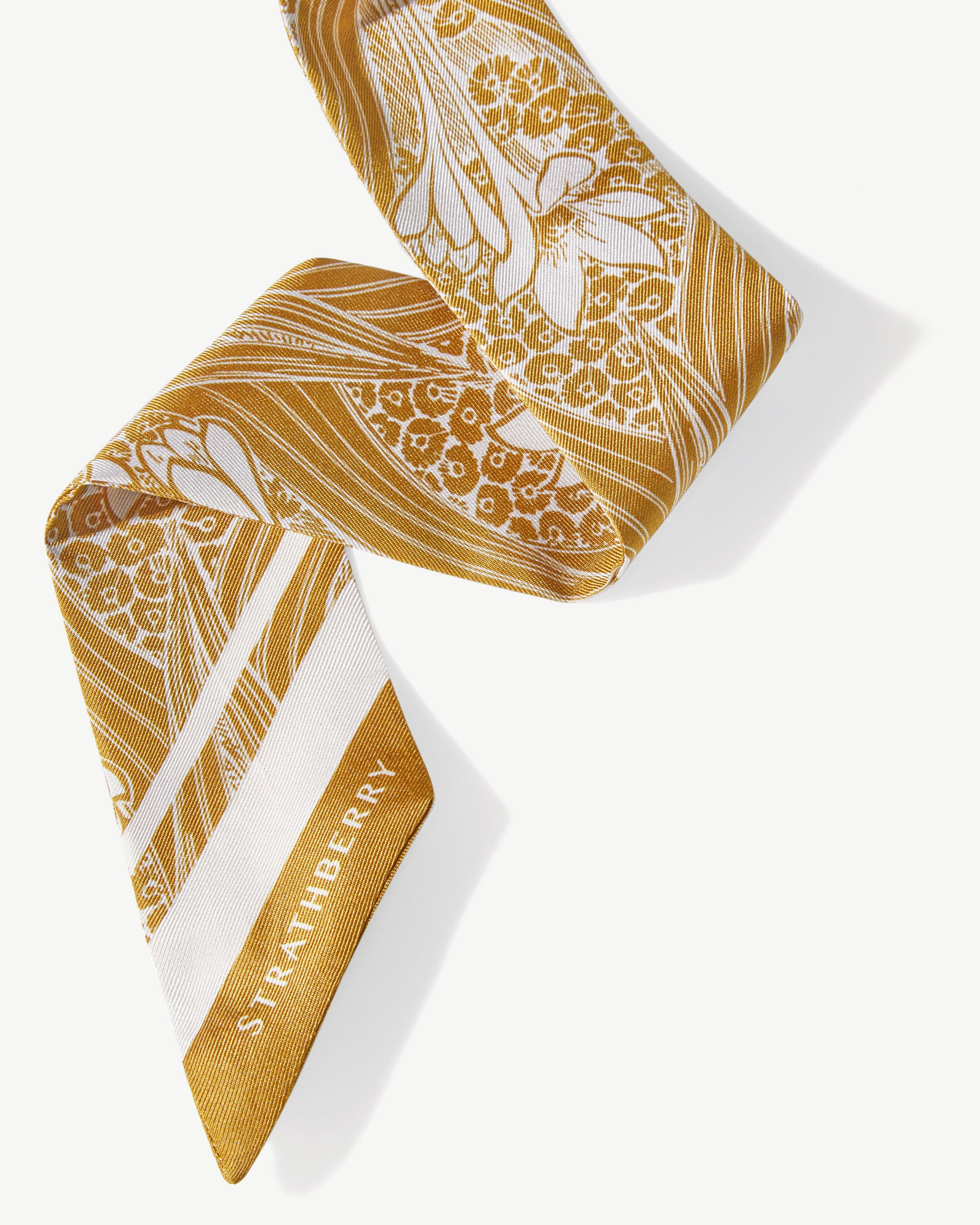Long Silk Skinny Scarf - Mustard Wallpaper Print