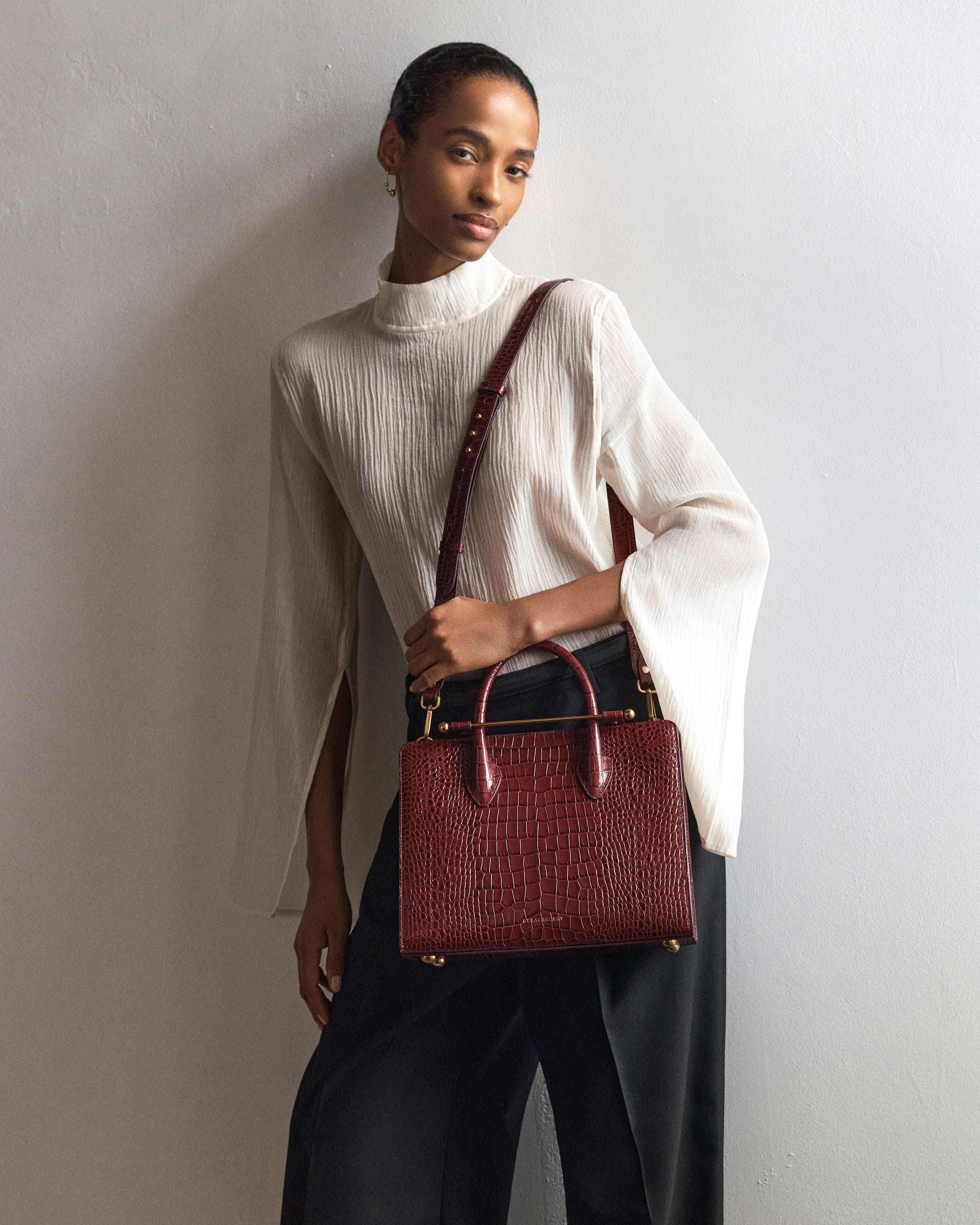 Midi Tote - Croc-Embossed Leather Oxblood