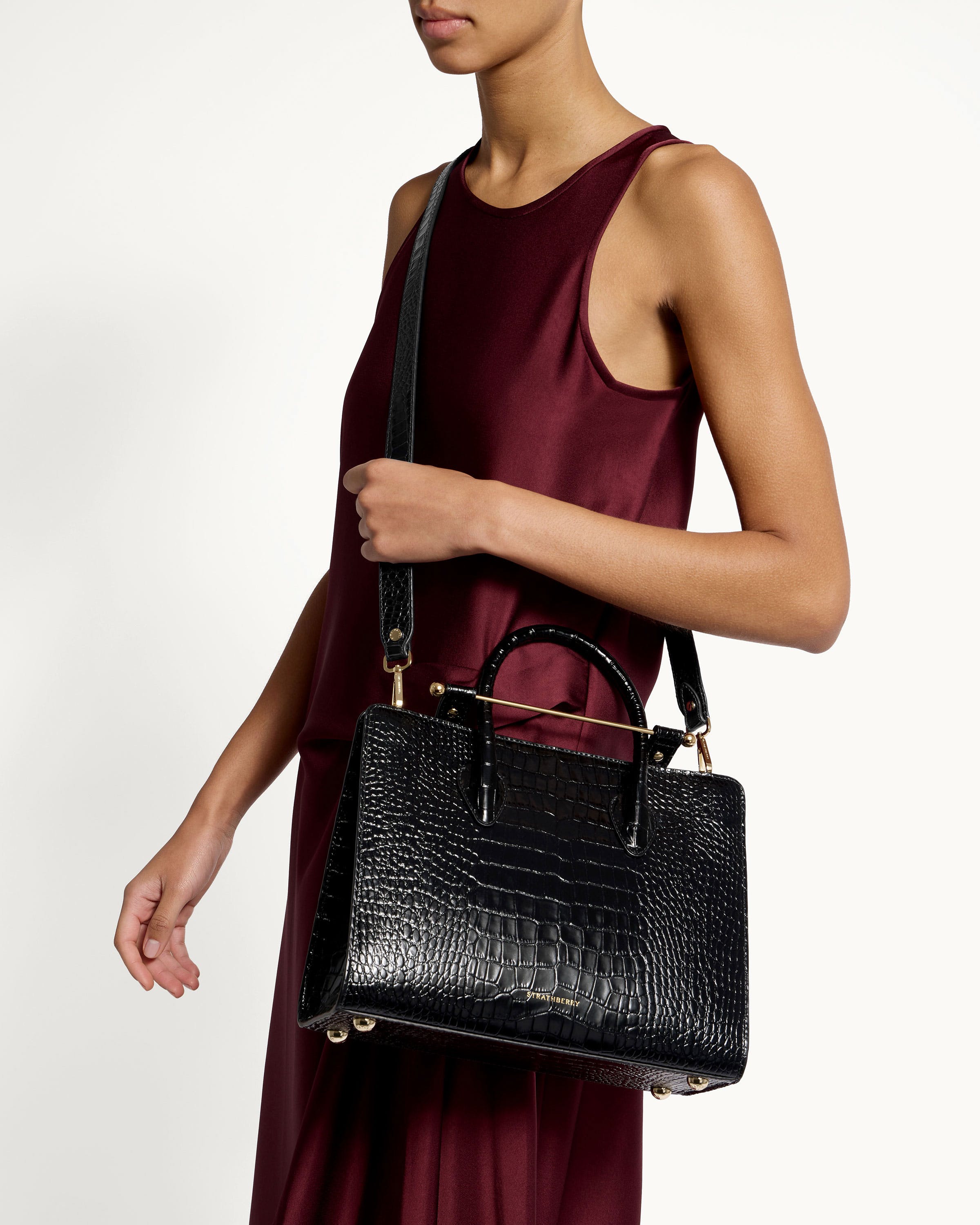 Midi Tote - Croc-Embossed Leather Black