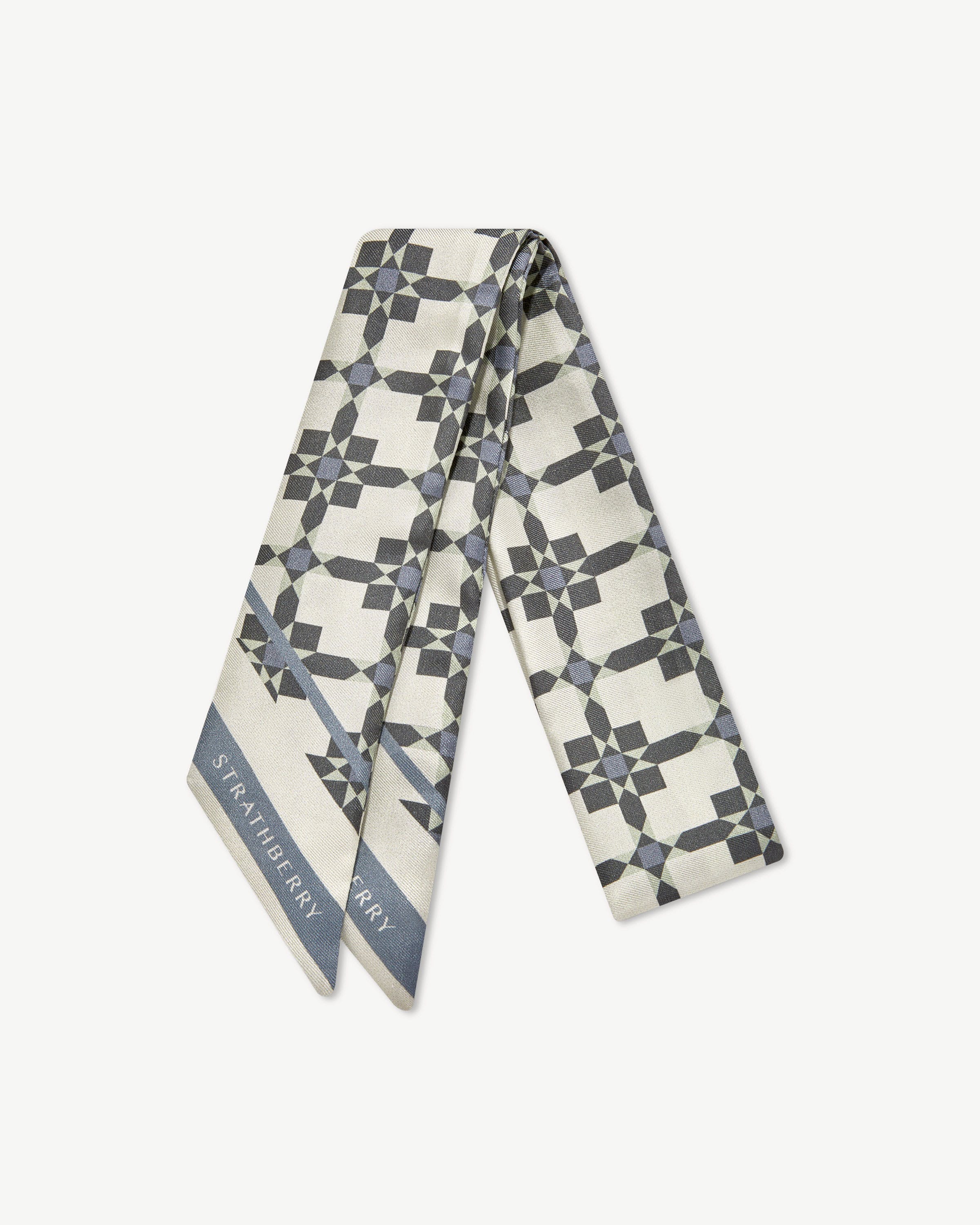 Silk Skinny Scarf - Dusky Blue Tile Print