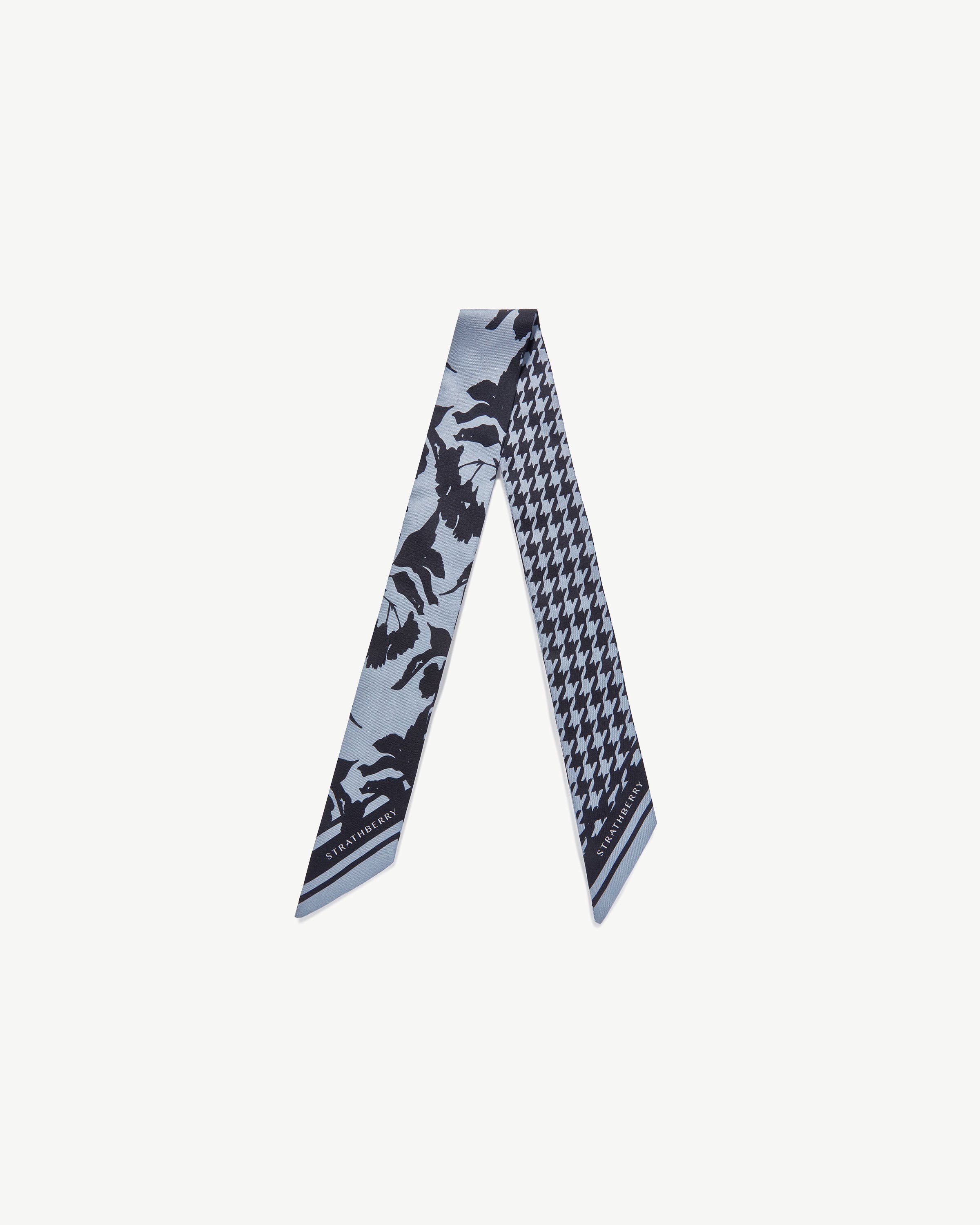 Silk Skinny Scarf - Dusky Blue/Black Floral Dogstooth