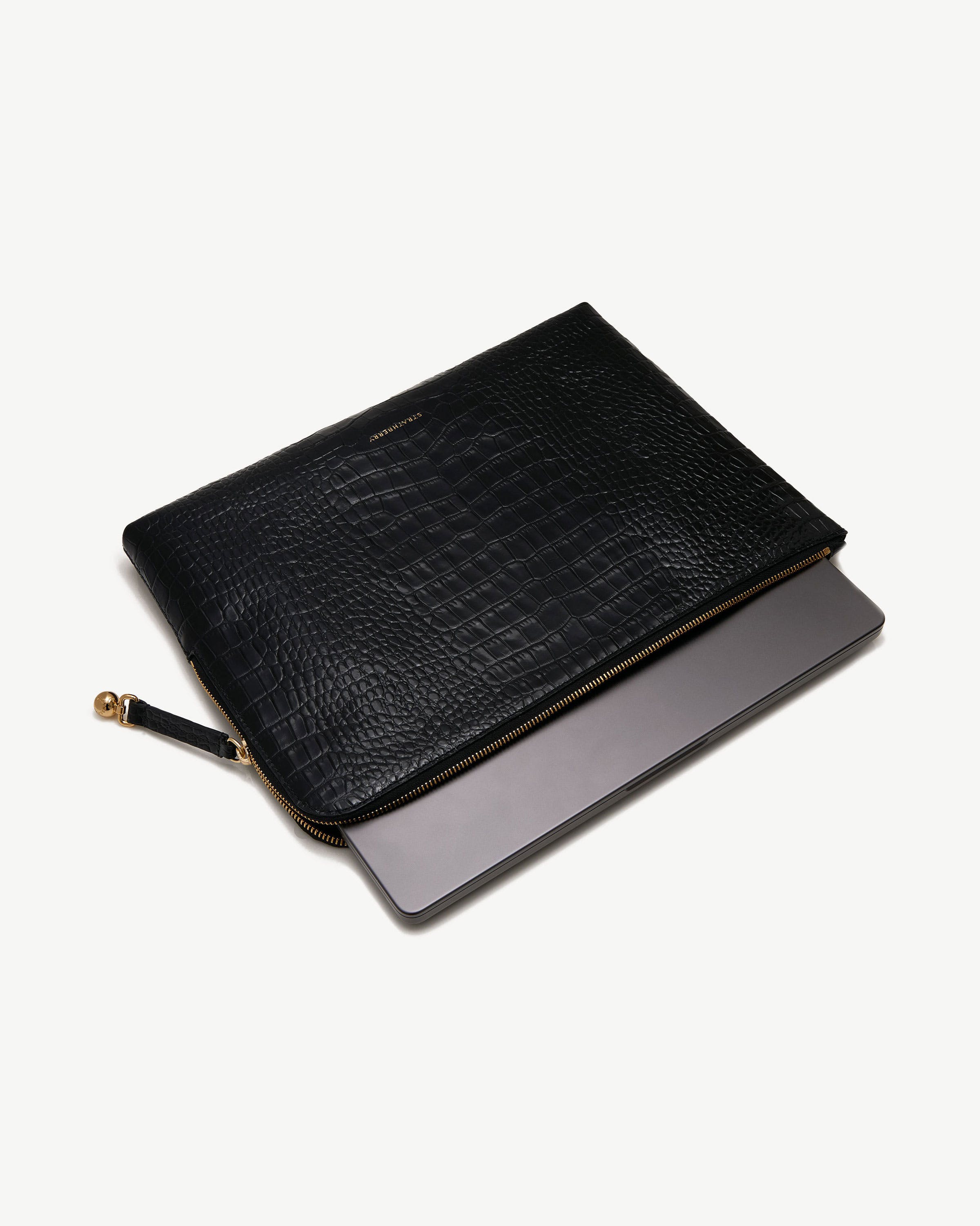 Laptop Case - Croc-Embossed Leather Black