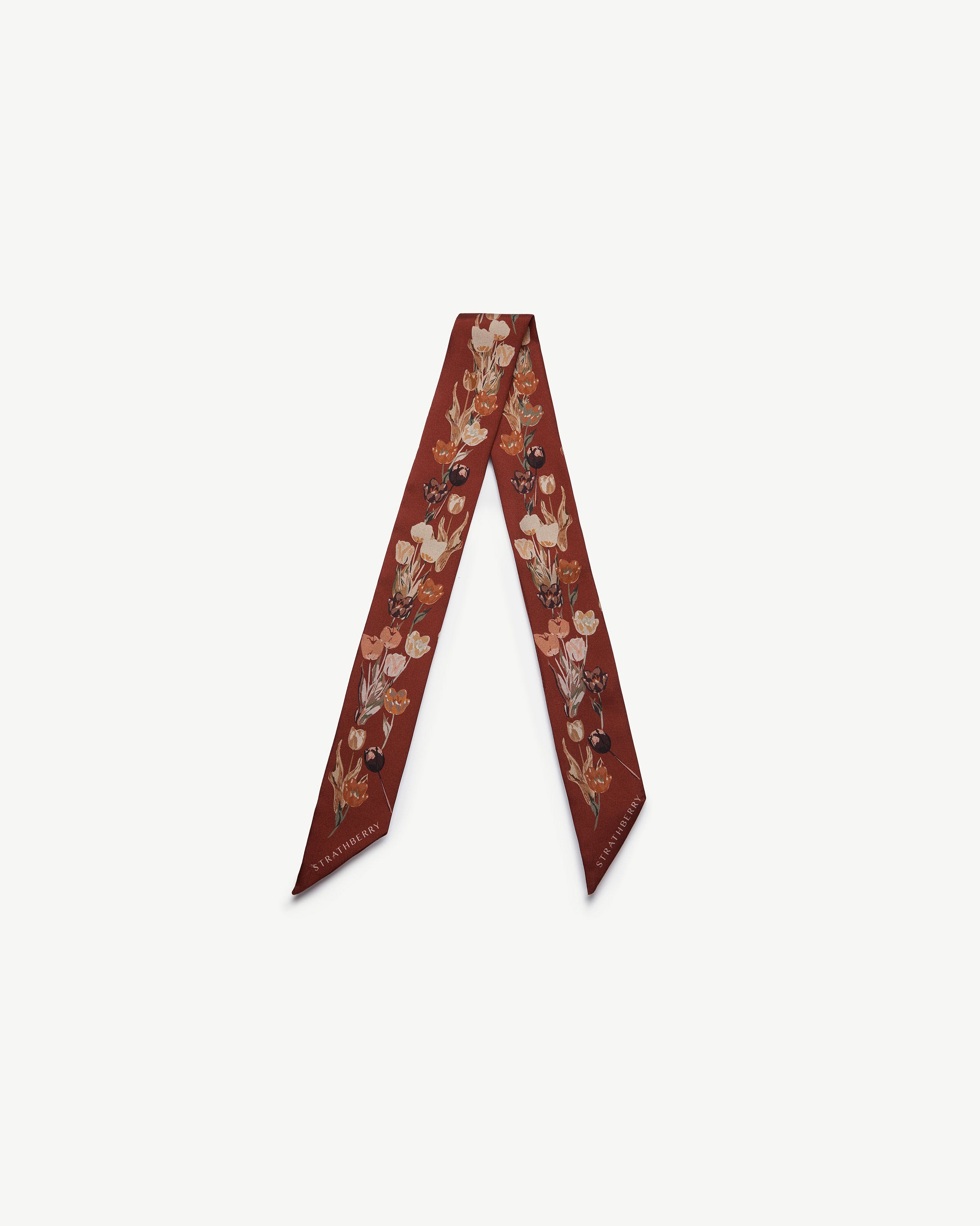 Silk Skinny Scarf - Oxblood Tulip Print
