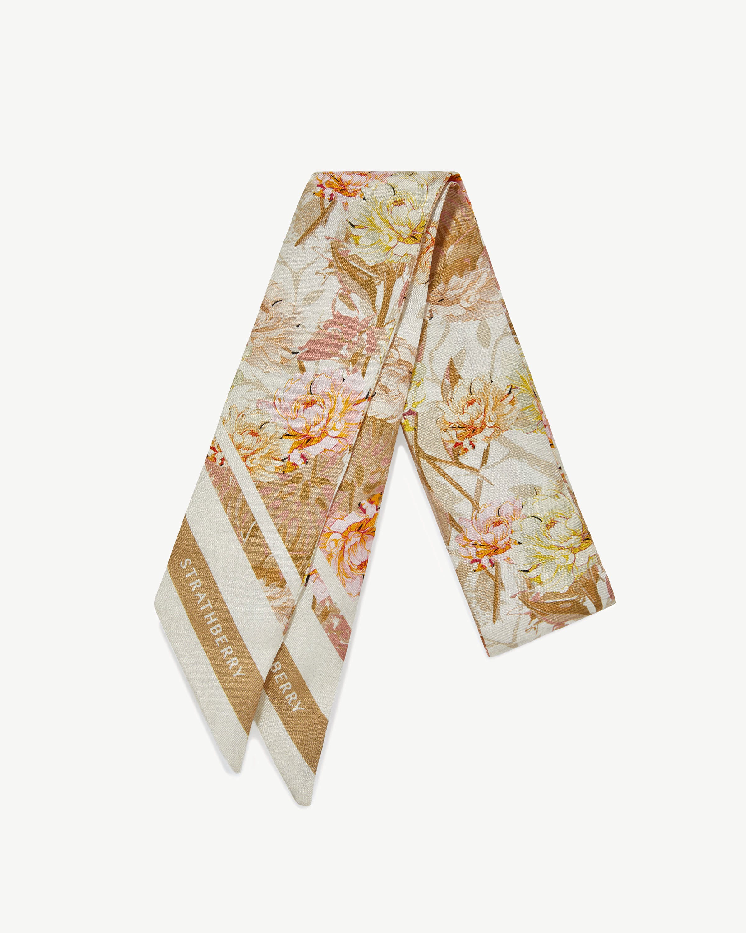 Silk Skinny Scarf - Floral Print Vanilla/Pink