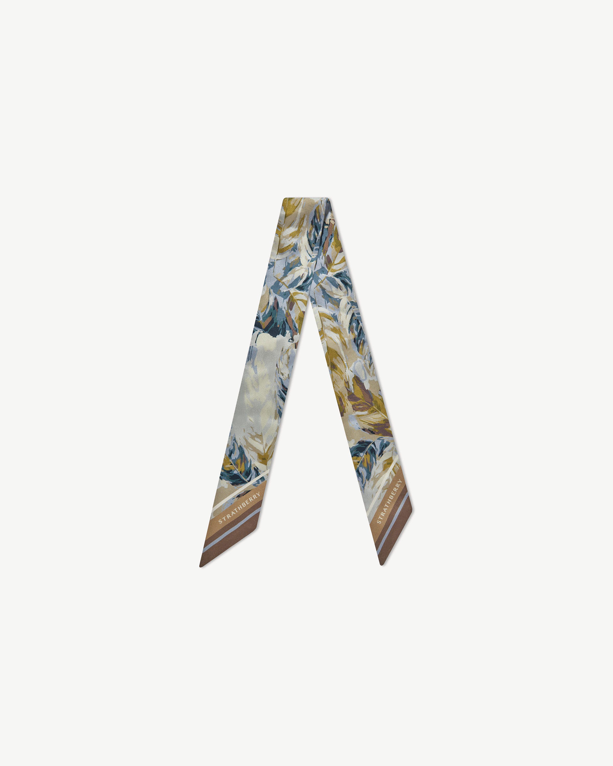Silk Skinny Scarf - Clay/Blue Abstract Feather Print